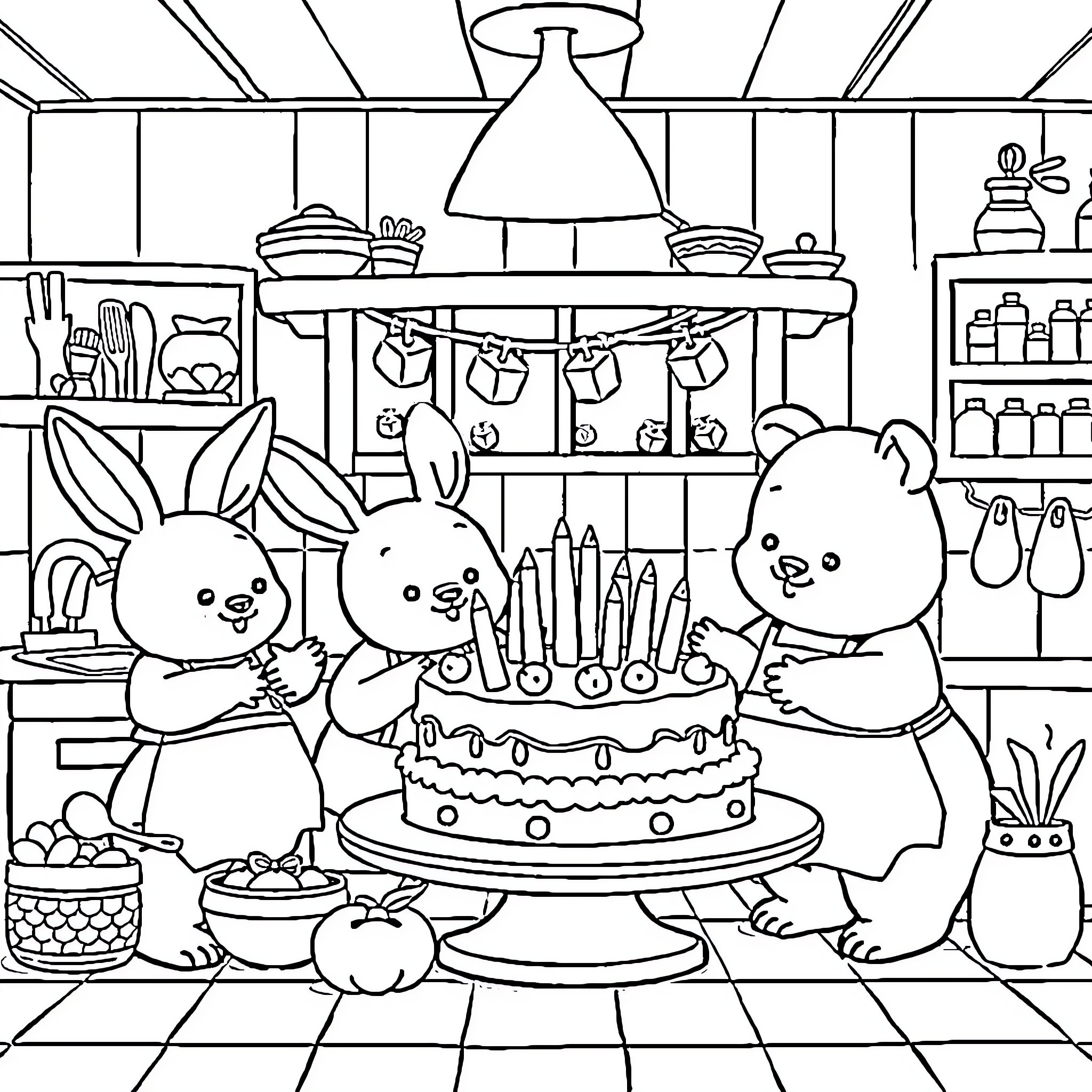 Animal friends celebrating birthday with cake Coloring Page (free black-and-white line drawing printable PDF for all, from beginners to advanced learners, including children, teens, adults, and seniors)