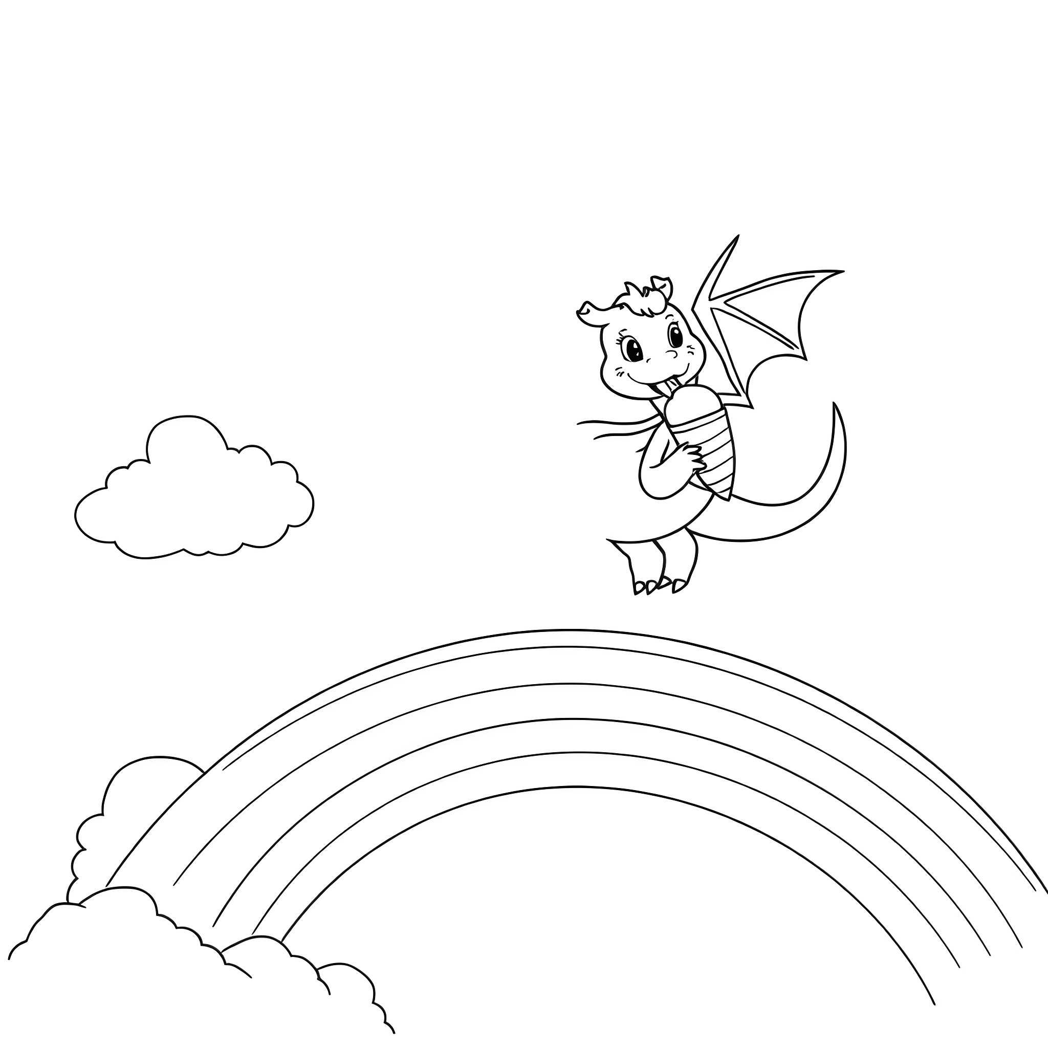 Dragon flying happily in the sky Coloring Page (free black-and-white line drawing printable PDF for all, from beginners to advanced learners, including children, teens, adults, and seniors)
