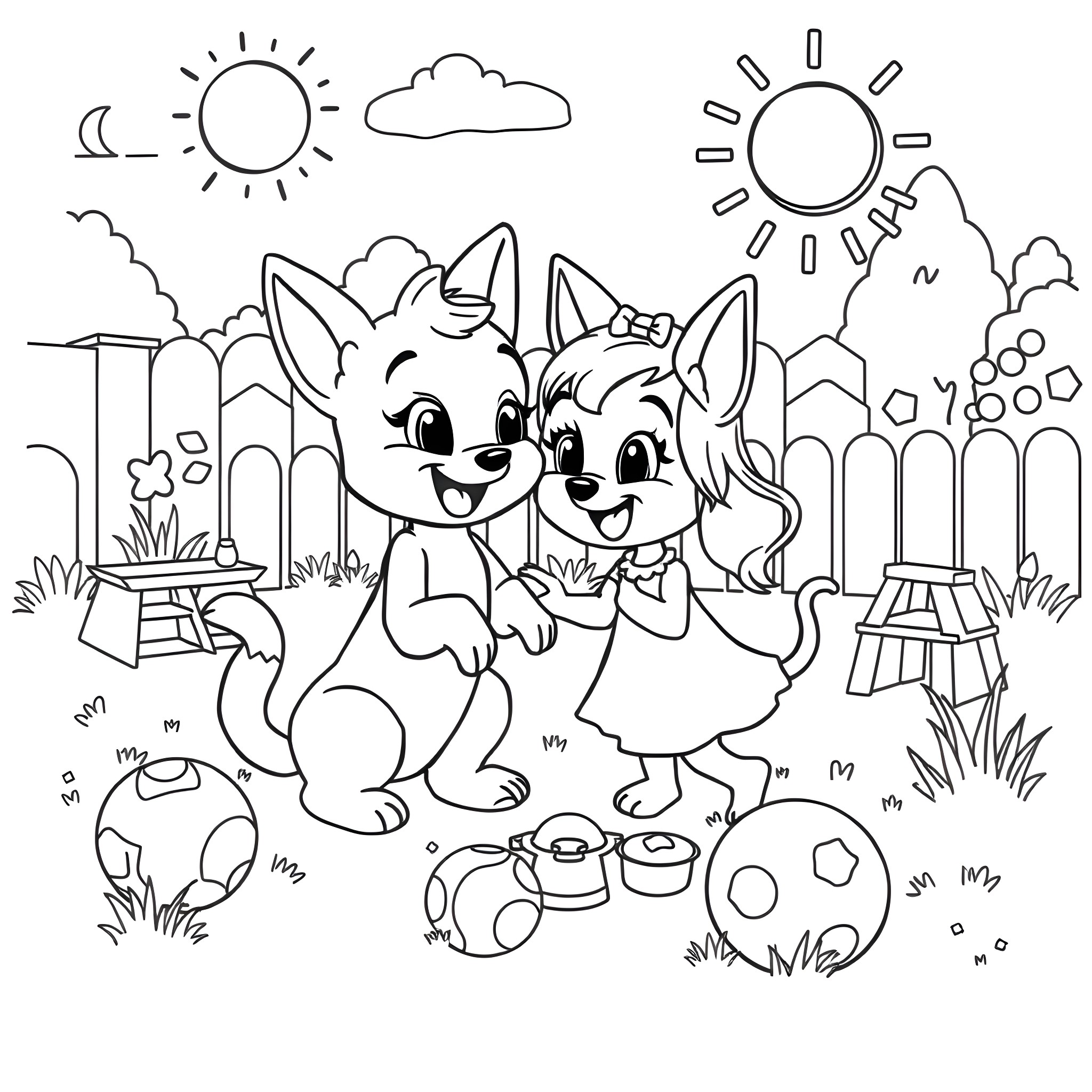 Bluey and Bingo playing happily in the park Coloring Page (free black-and-white line drawing printable PDF for all, from beginners to advanced learners, including children, teens, adults, and seniors)