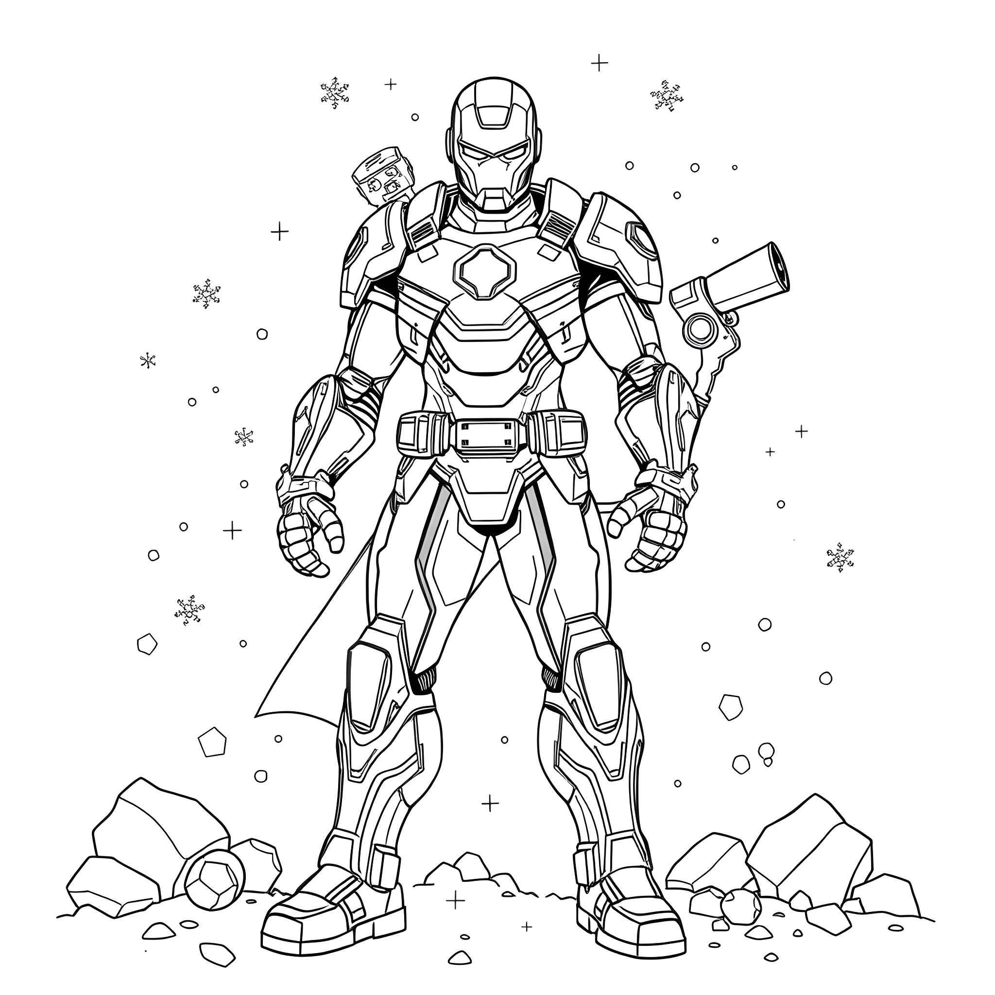 Iron Freeze - Futuristic Warrior Amid Icy Terrain Coloring Page (free black-and-white line drawing printable PDF for all, from beginners to advanced learners, including children, teens, adults, and seniors)