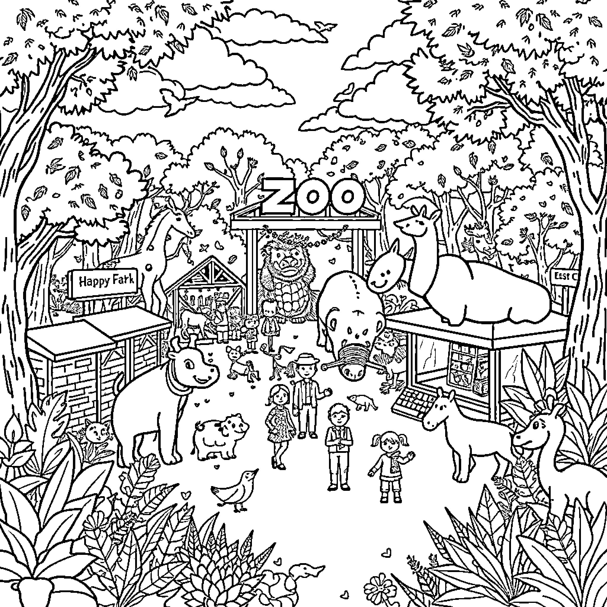 Zoo Animals and Visitors Exploring the Vibrant Outdoors Coloring Page (free black-and-white line drawing printable PDF for all, from beginners to advanced learners, including children, teens, adults, and seniors)