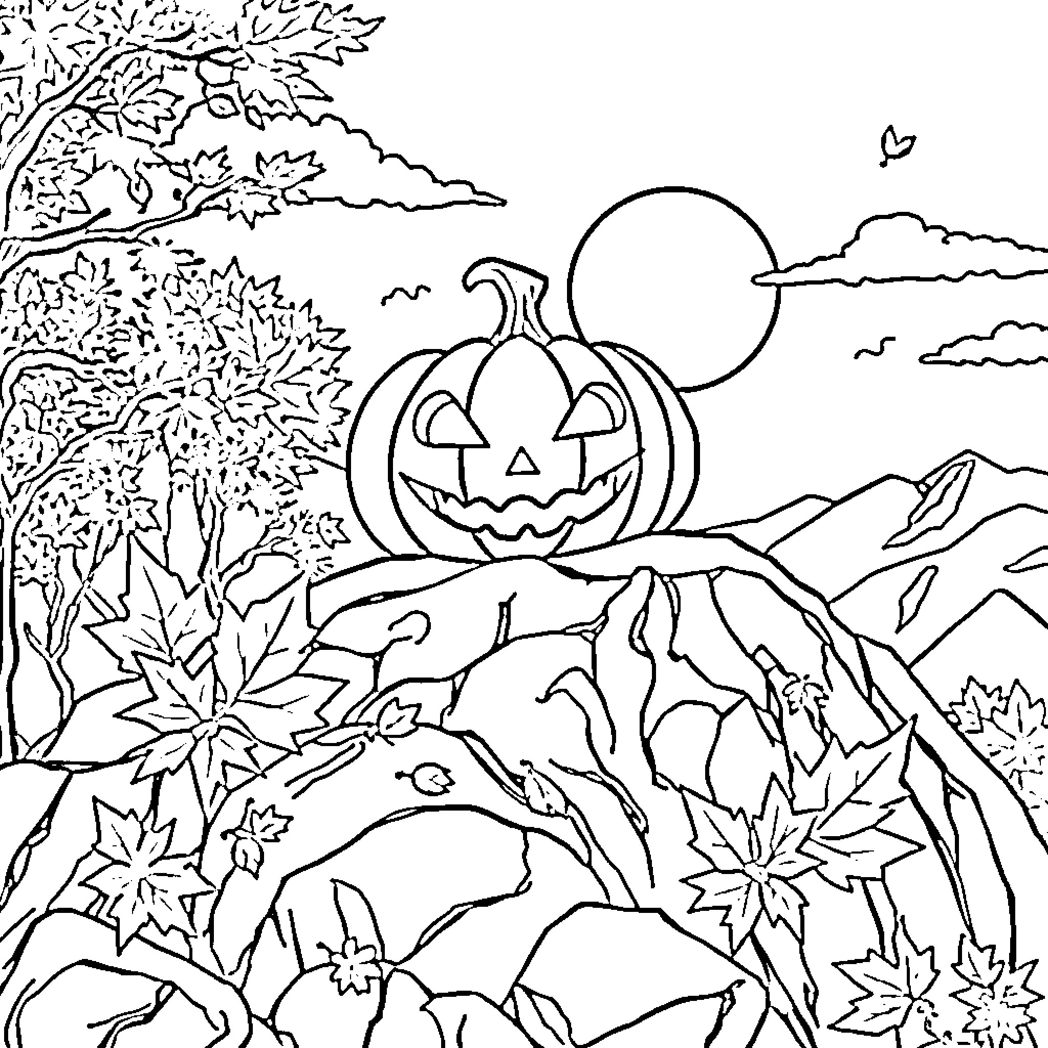 Pumpkin Carved Amidst Autumn Landscape Coloring Page (free black-and-white line drawing printable PDF for all, from beginners to advanced learners, including children, teens, adults, and seniors)