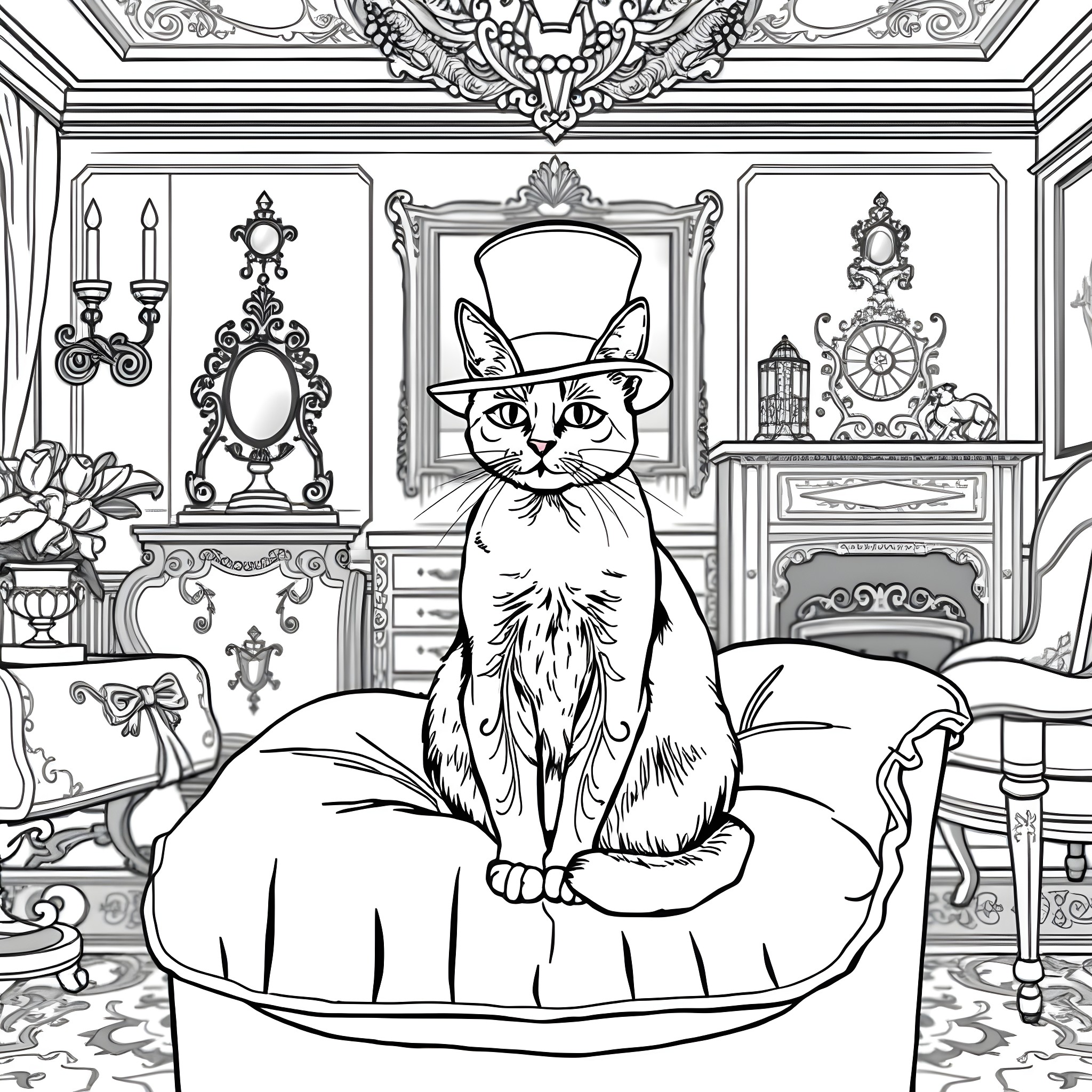 Cat wearing a top hat in an elegant room Coloring Page (free black-and-white line drawing printable PDF for all, from beginners to advanced learners, including children, teens, adults, and seniors)