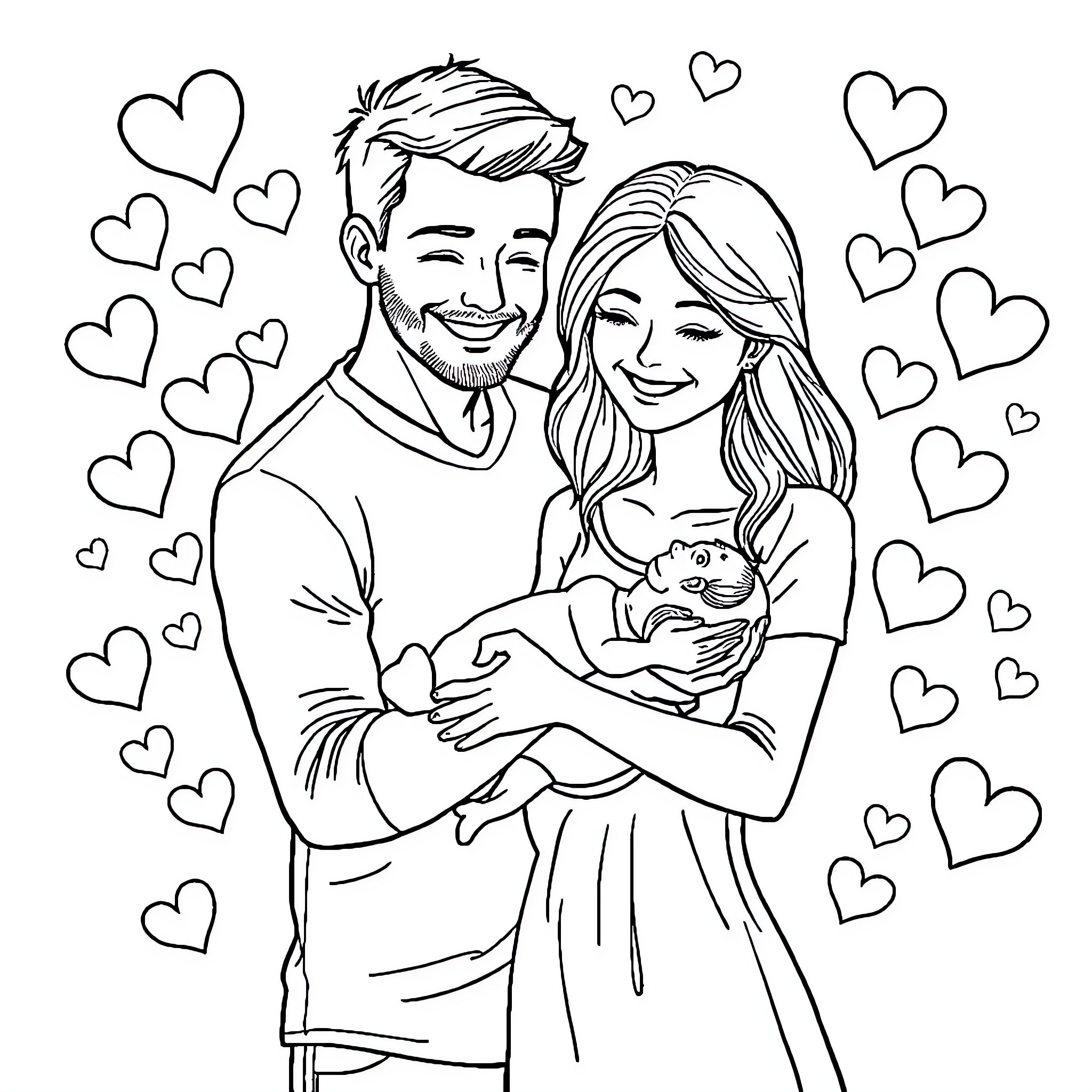 Parents holding baby surrounded by hearts Coloring Page (free black-and-white line drawing printable PDF for all, from beginners to advanced learners, including children, teens, adults, and seniors)