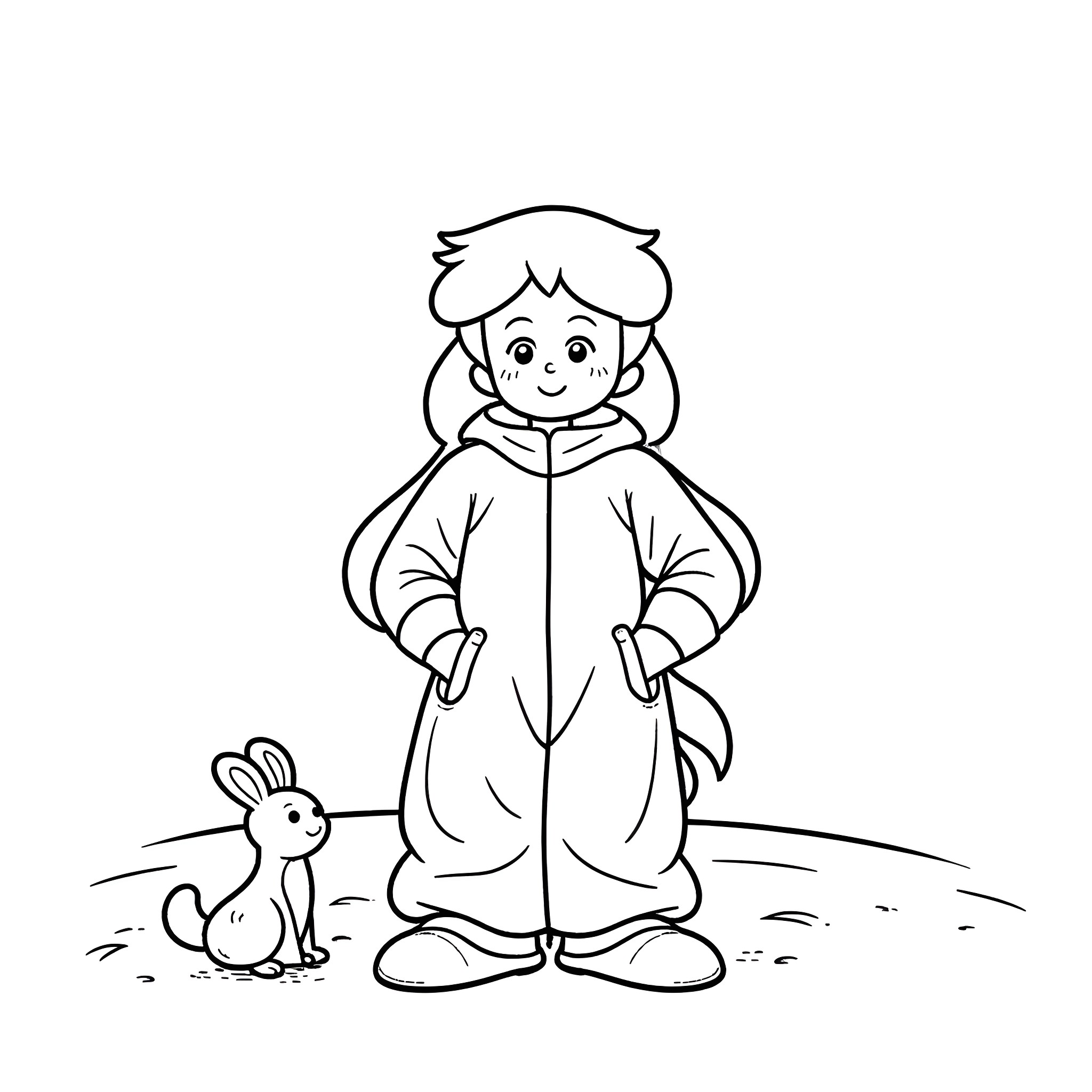Animatrix - Child in winter outfit with pet rabbit Coloring Page (free black-and-white line drawing printable PDF for all, from beginners to advanced learners, including children, teens, adults, and seniors)