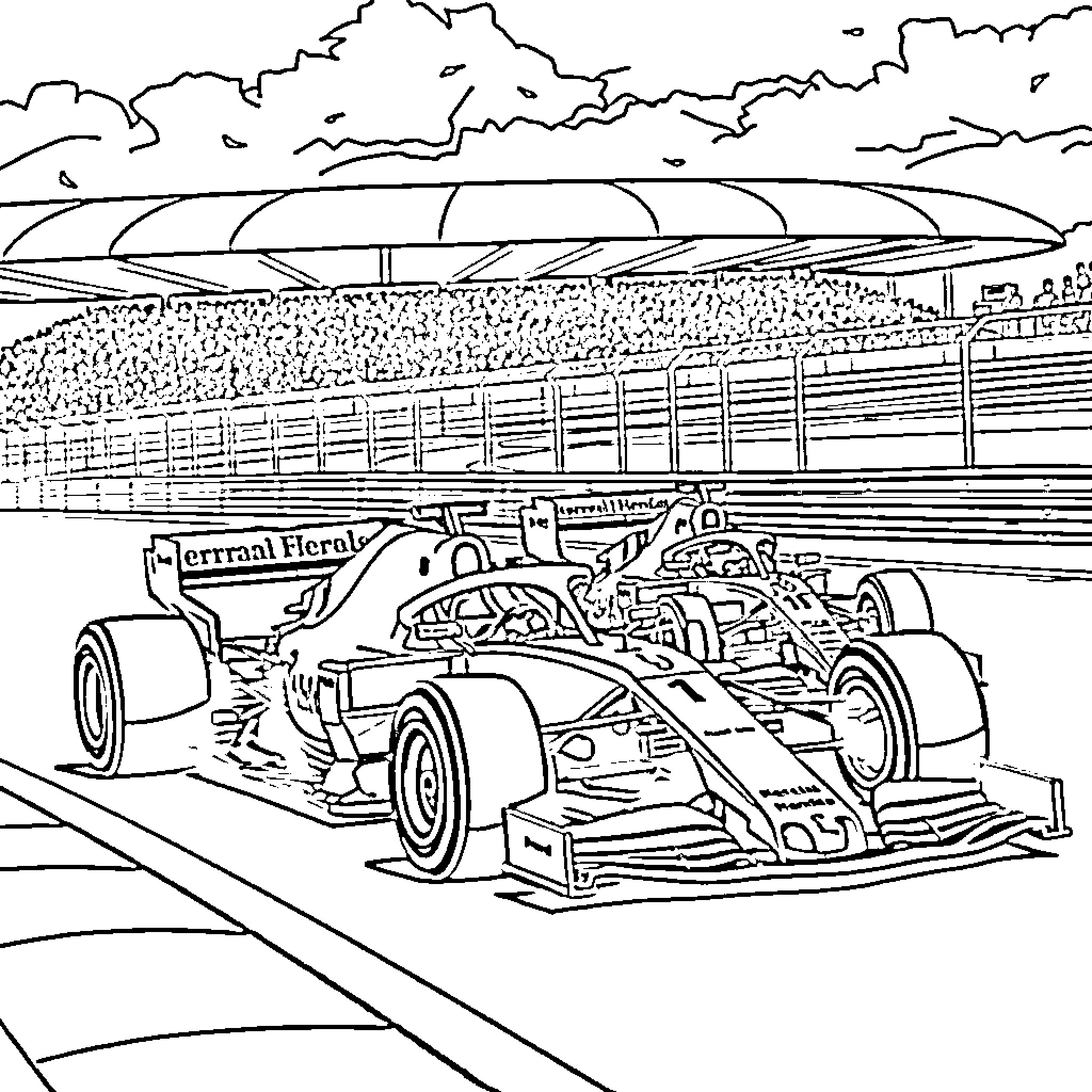 Car racing on the track in a stadium Coloring Page (free black-and-white line drawing printable PDF for all, from beginners to advanced learners, including children, teens, adults, and seniors)