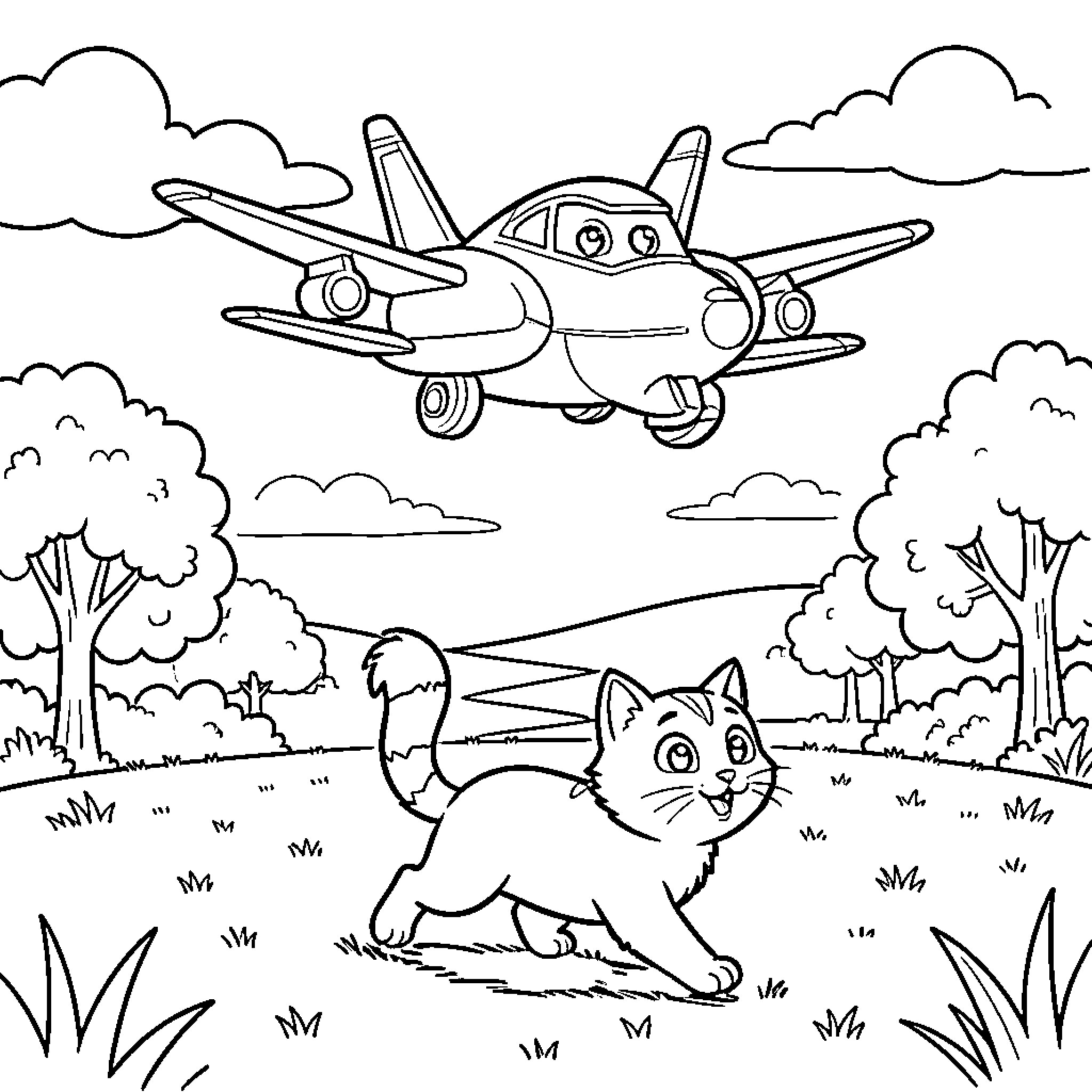 Jet flying happily above a kitten in a field Coloring Page (free black-and-white line drawing printable PDF for all, from beginners to advanced learners, including children, teens, adults, and seniors)
