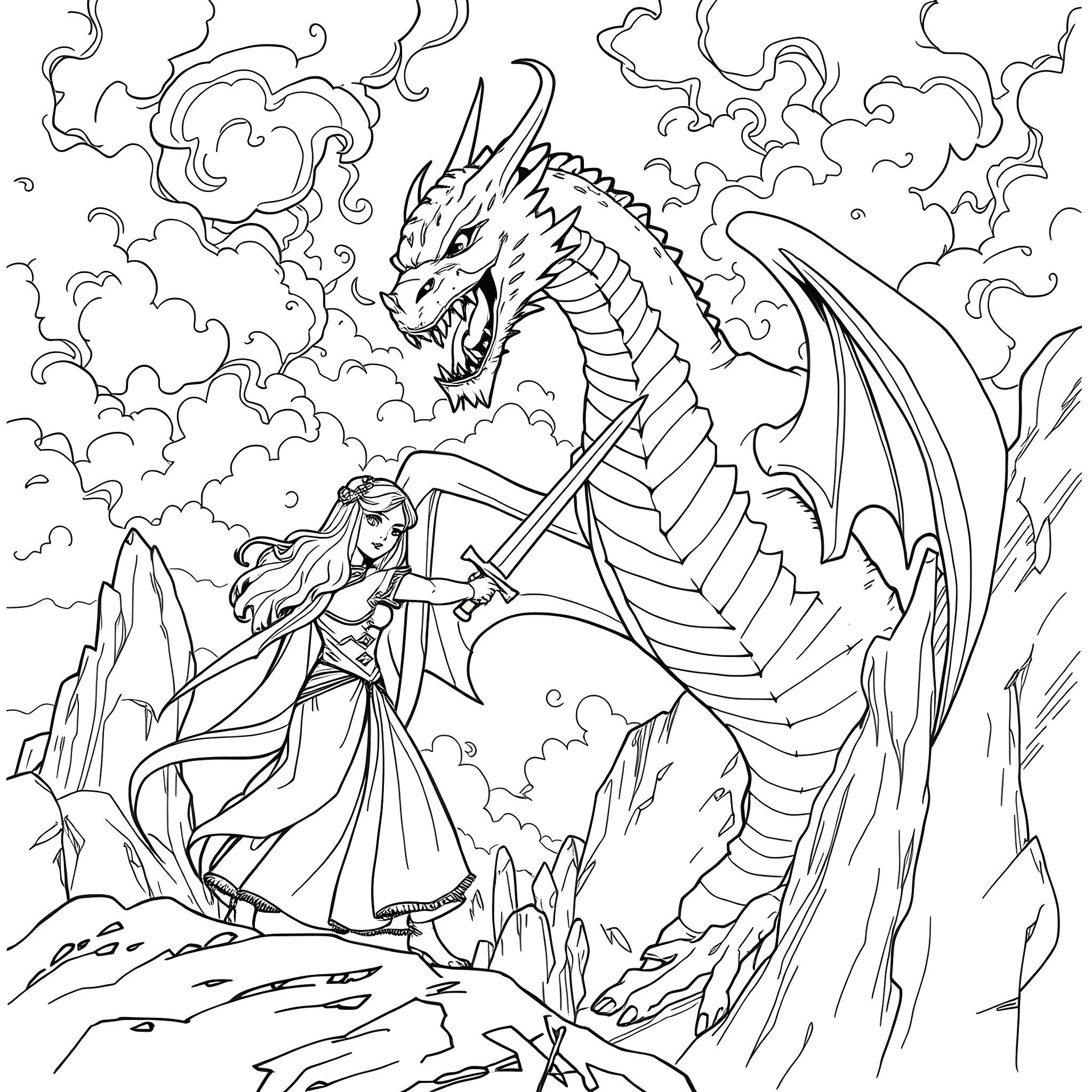 Princess Battles Fierce Dragon in Cloudy Skies Coloring Page (free black-and-white line drawing printable PDF for all, from beginners to advanced learners, including children, teens, adults, and seniors)