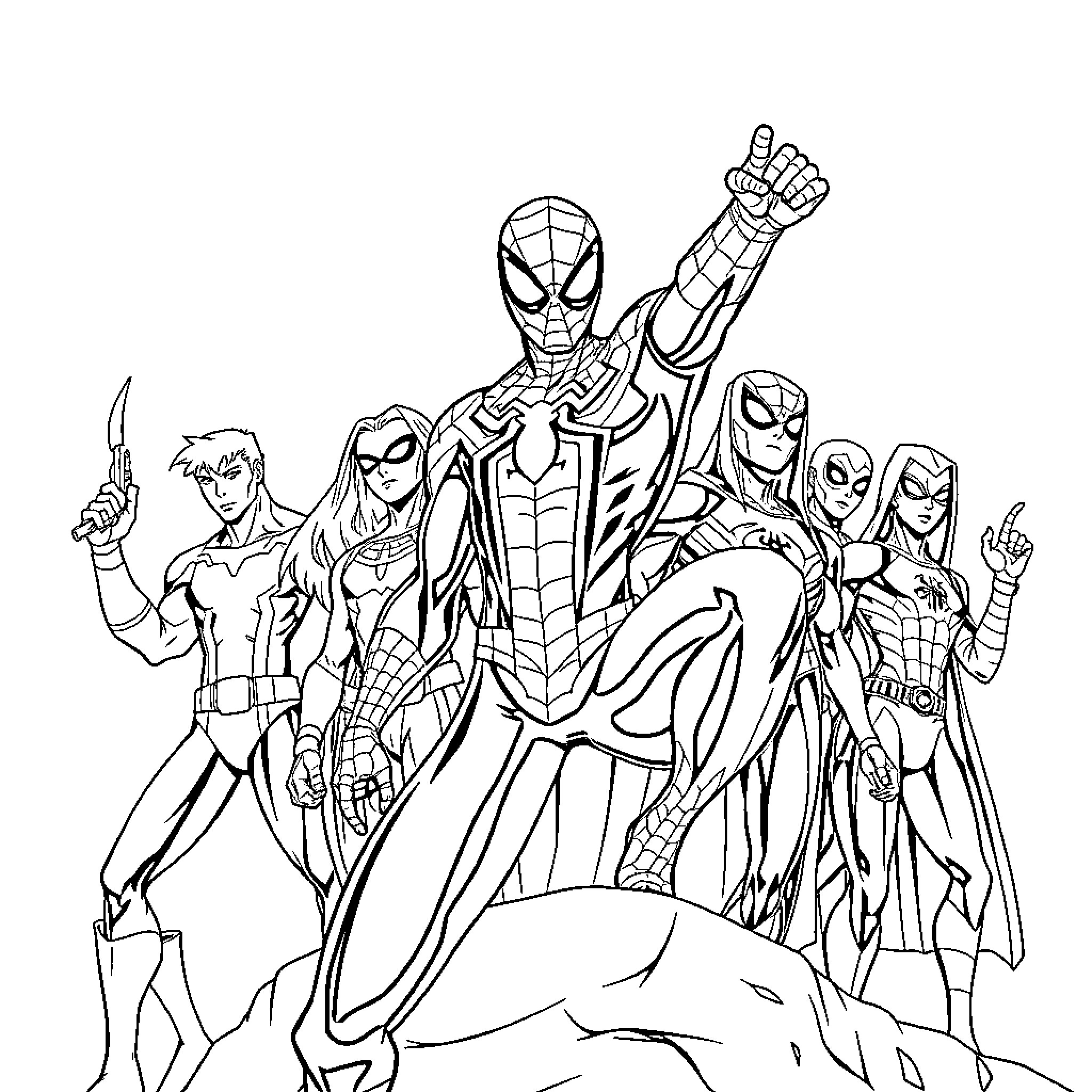 Spidey and his superhero companions in action Coloring Page (free black-and-white line drawing printable PDF for all, from beginners to advanced learners, including children, teens, adults, and seniors)