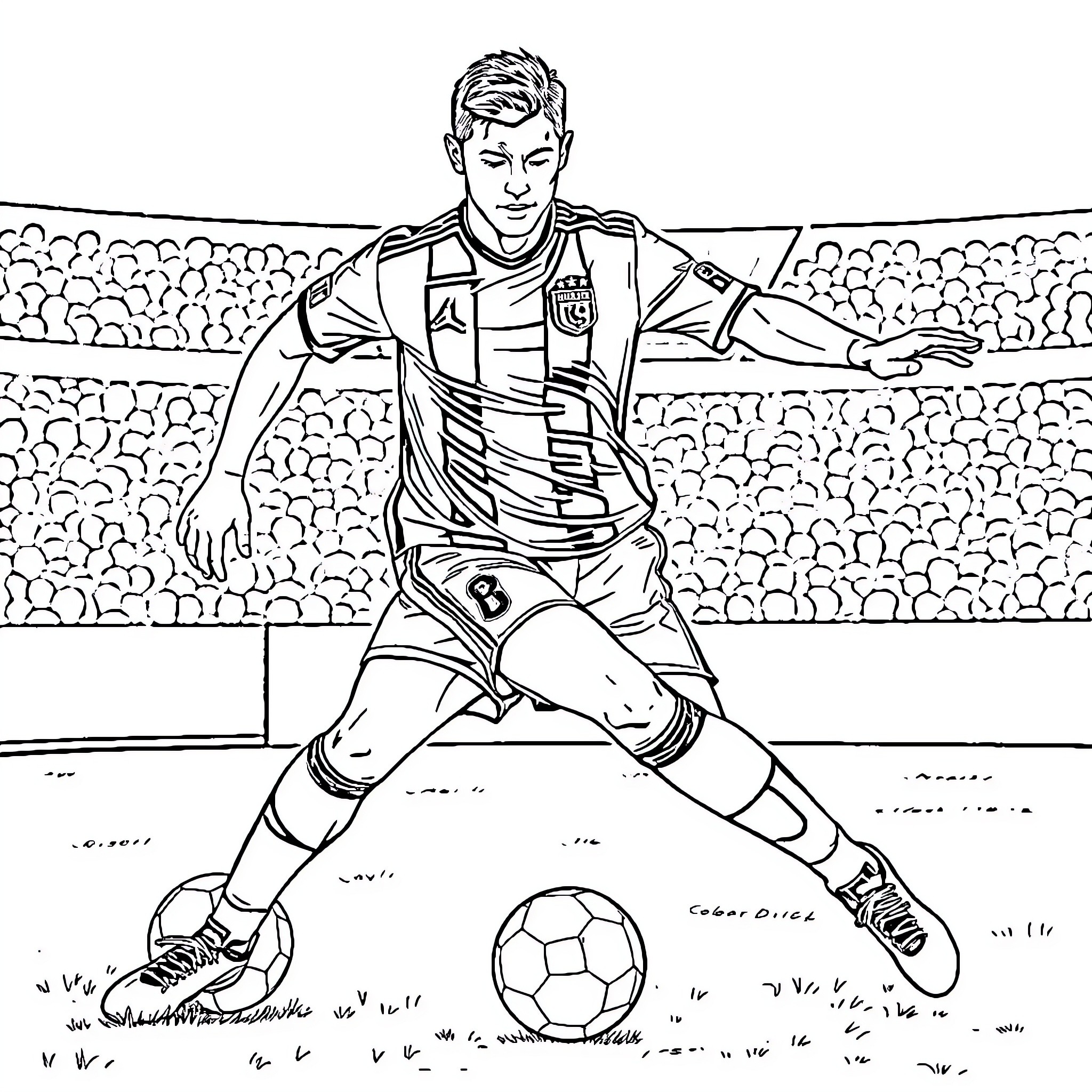 Ronaldo playing football on the field Coloring Page (free black-and-white line drawing printable PDF for all, from beginners to advanced learners, including children, teens, adults, and seniors)