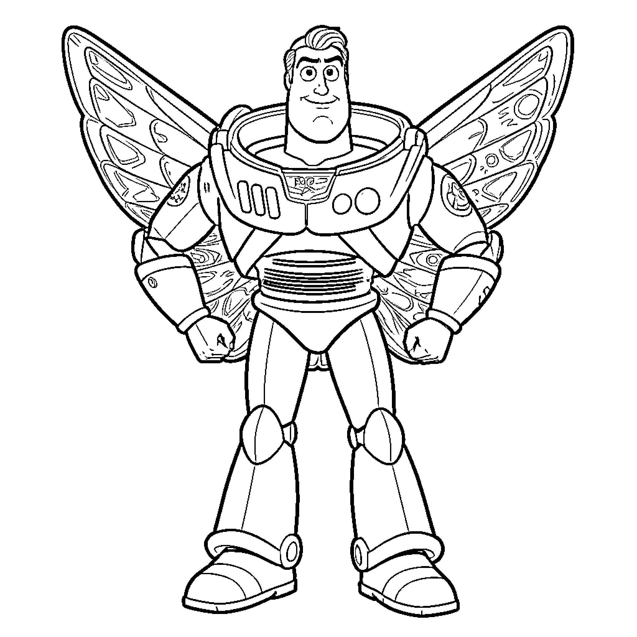 Buzz Toy Astronaut in Futuristic Spacesuit Coloring Page (free black-and-white line drawing printable PDF for all, from beginners to advanced learners, including children, teens, adults, and seniors)
