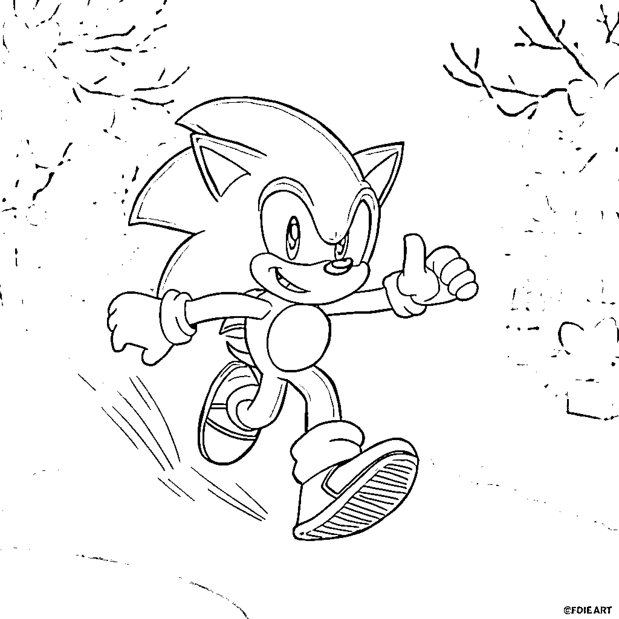 Sonic the Hedgehog running energetically Coloring Page (free black-and-white line drawing printable PDF for all, from beginners to advanced learners, including children, teens, adults, and seniors)