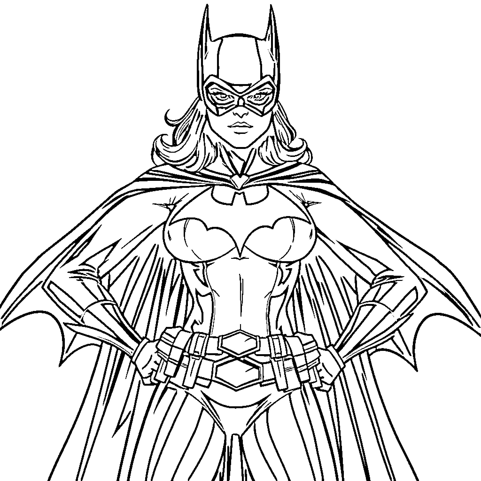 Batgirl Heroically Poised in Her Iconic Costume Coloring Page (free black-and-white line drawing printable PDF for all, from beginners to advanced learners, including children, teens, adults, and seniors)