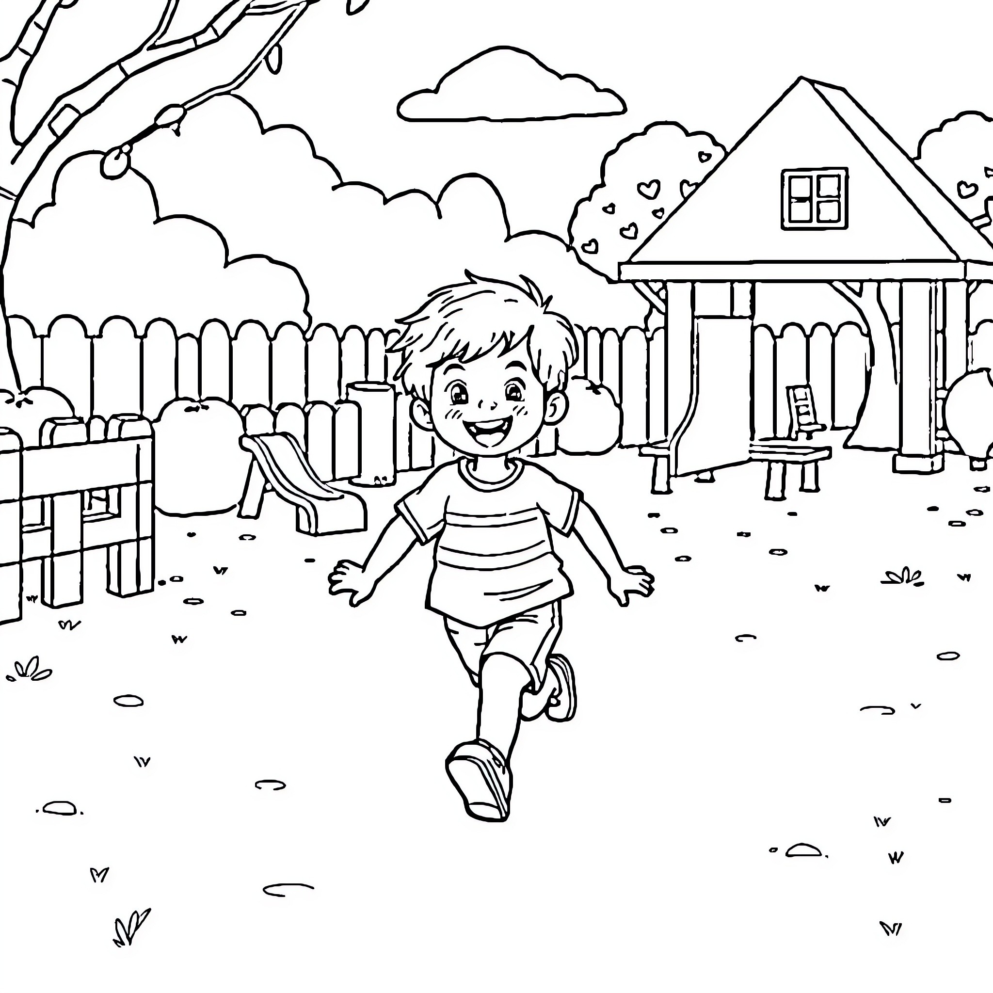 Child running happily in the backyard Coloring Page (free black-and-white line drawing printable PDF for all, from beginners to advanced learners, including children, teens, adults, and seniors)