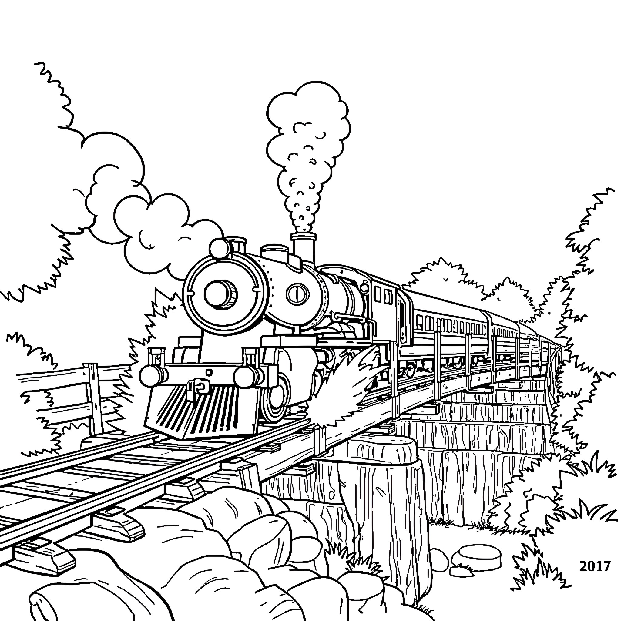 Steam Train Chugging Through Rocky Terrain Coloring Page (free black-and-white line drawing printable PDF for all, from beginners to advanced learners, including children, teens, adults, and seniors)