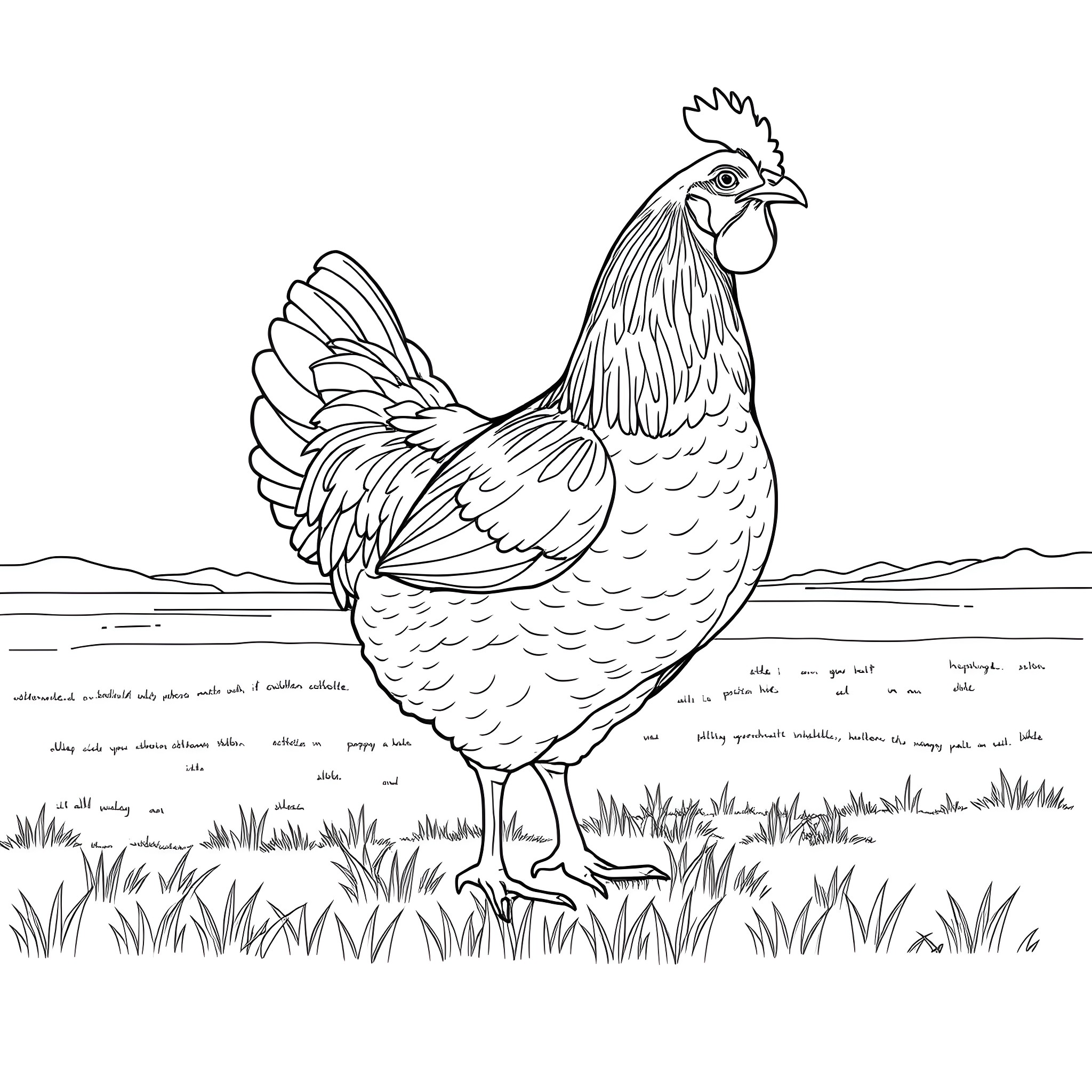 Hen strutting proudly in the countryside Coloring Page (free black-and-white line drawing printable PDF for all, from beginners to advanced learners, including children, teens, adults, and seniors)