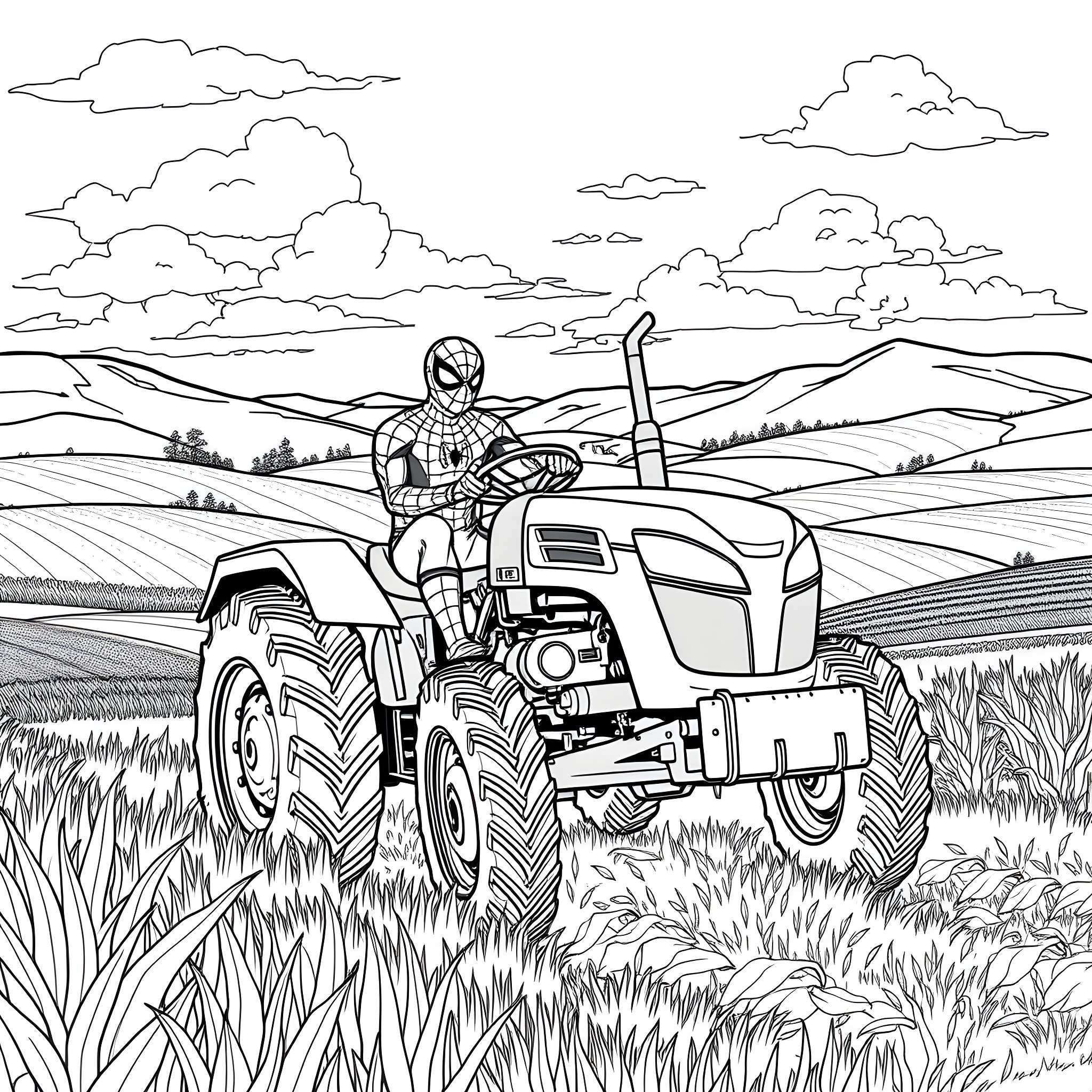 Spider-Man Operating Tractor in Countryside Coloring Page (free black-and-white line drawing printable PDF for all, from beginners to advanced learners, including children, teens, adults, and seniors)