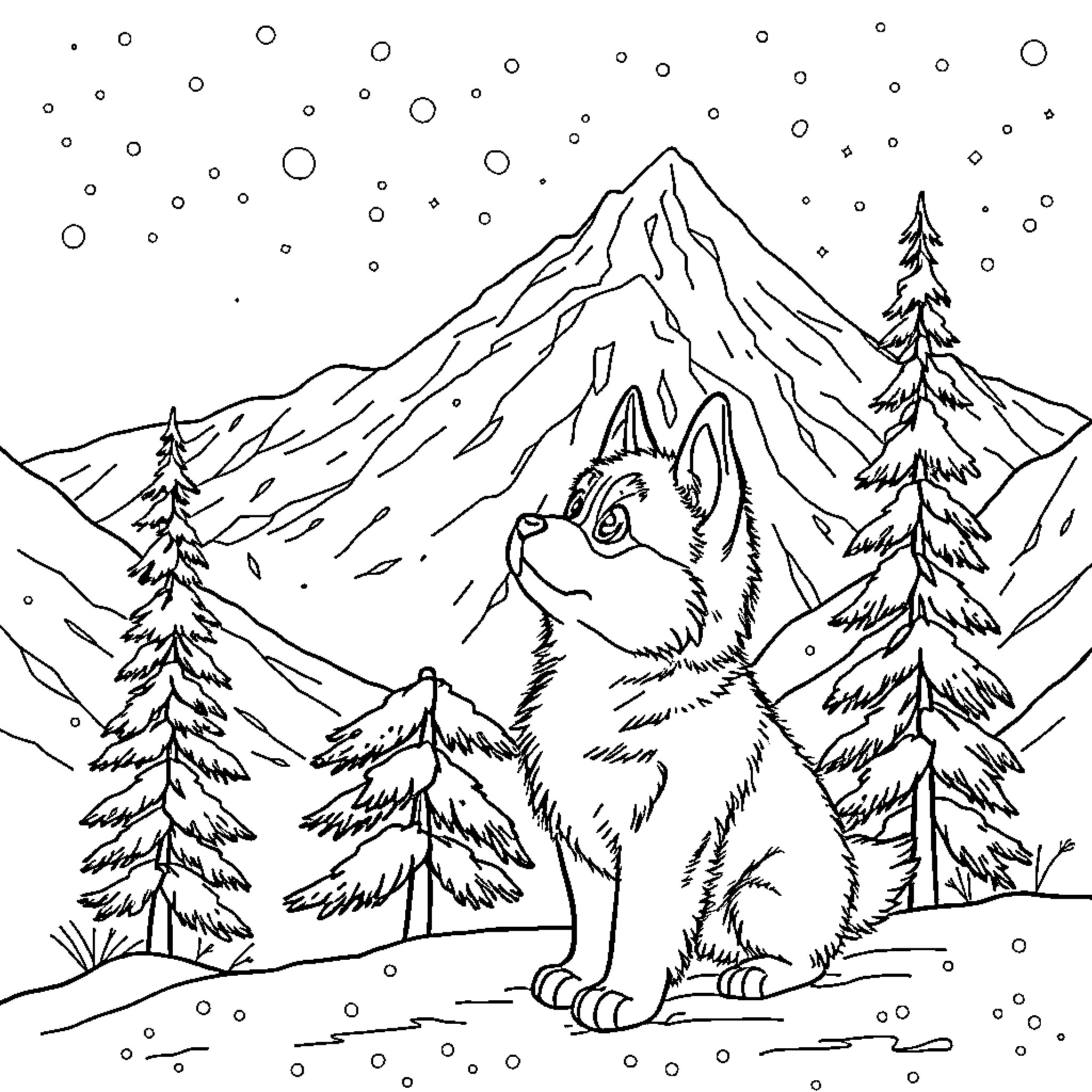 Husky enjoying a snowy mountain landscape Coloring Page (free black-and-white line drawing printable PDF for all, from beginners to advanced learners, including children, teens, adults, and seniors)