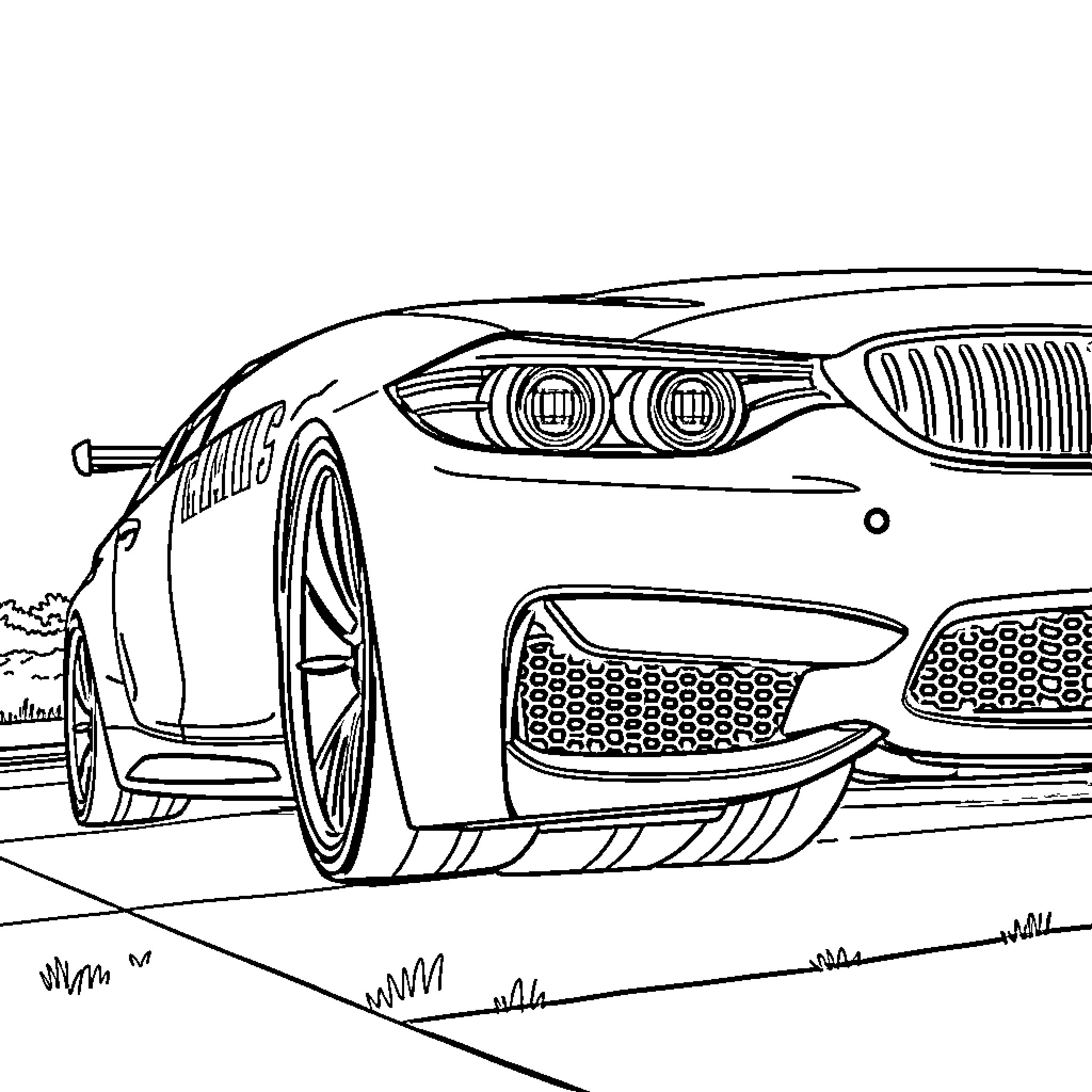 BMW Racing Car's Aggressive Design Coloring Page (free black-and-white line drawing printable PDF for all, from beginners to advanced learners, including children, teens, adults, and seniors)