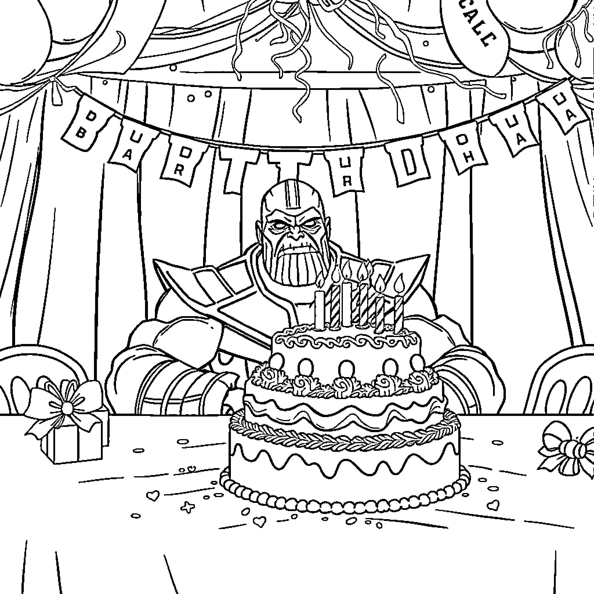 Thanos celebrating his birthday with a cake Coloring Page (free black-and-white line drawing printable PDF for all, from beginners to advanced learners, including children, teens, adults, and seniors)