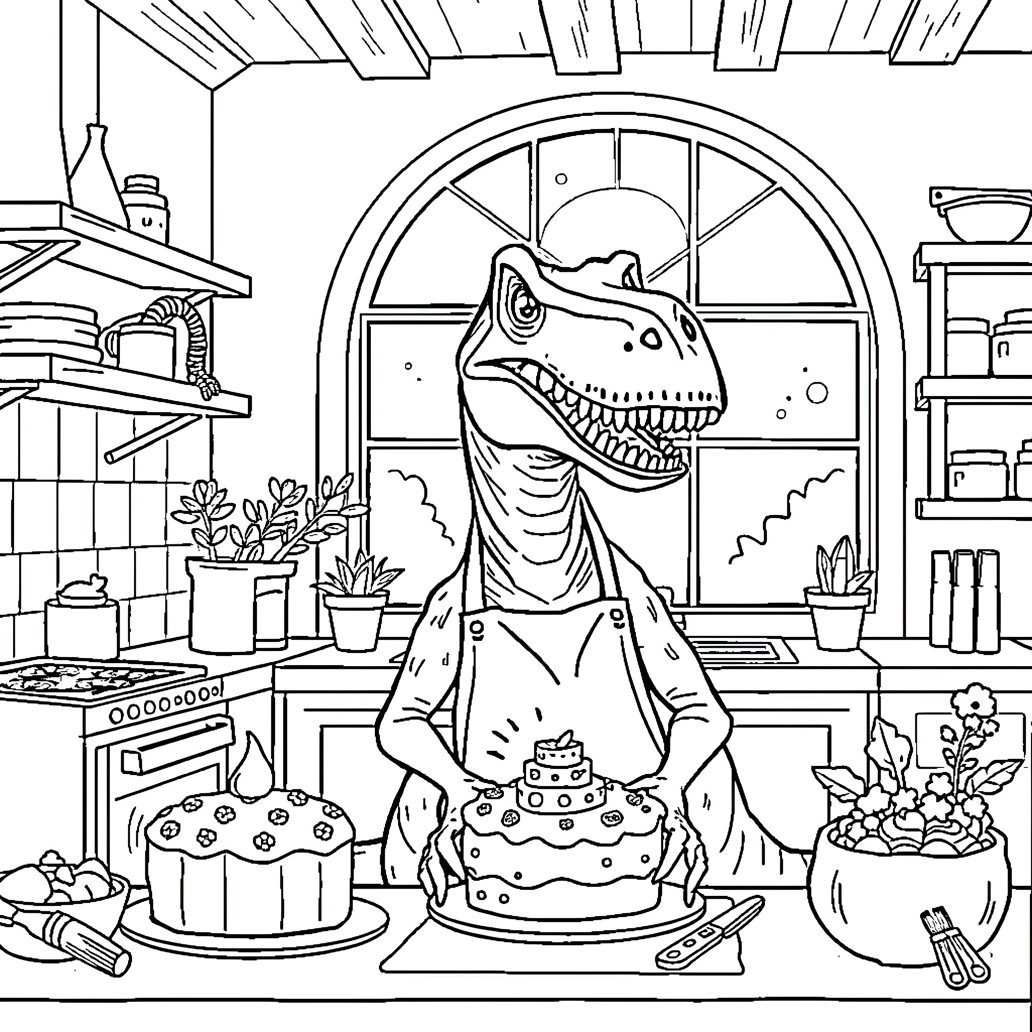 Velociraptor baking a delicious cake in the kitchen Coloring Page (free black-and-white line drawing printable PDF for all, from beginners to advanced learners, including children, teens, adults, and seniors)