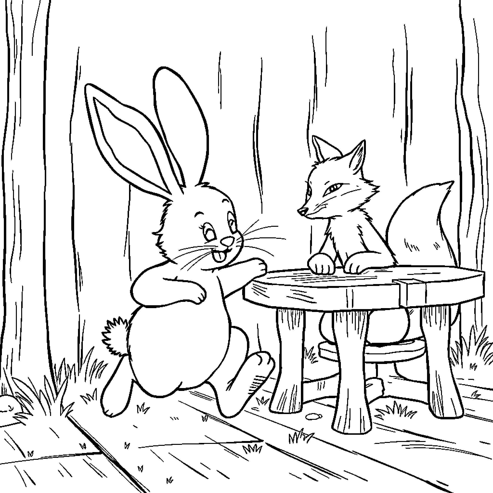 Rabbit and Fox Chatting in the Woods Coloring Page (free black-and-white line drawing printable PDF for all, from beginners to advanced learners, including children, teens, adults, and seniors)