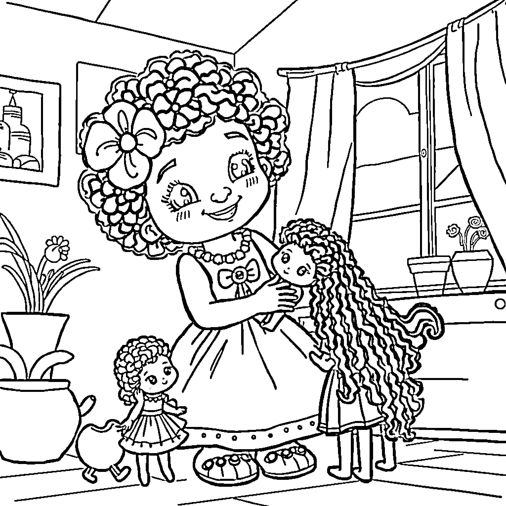 Labubu's Loving Embrace with Dolls in Cozy Home Coloring Page (free black-and-white line drawing printable PDF for all, from beginners to advanced learners, including children, teens, adults, and seniors)