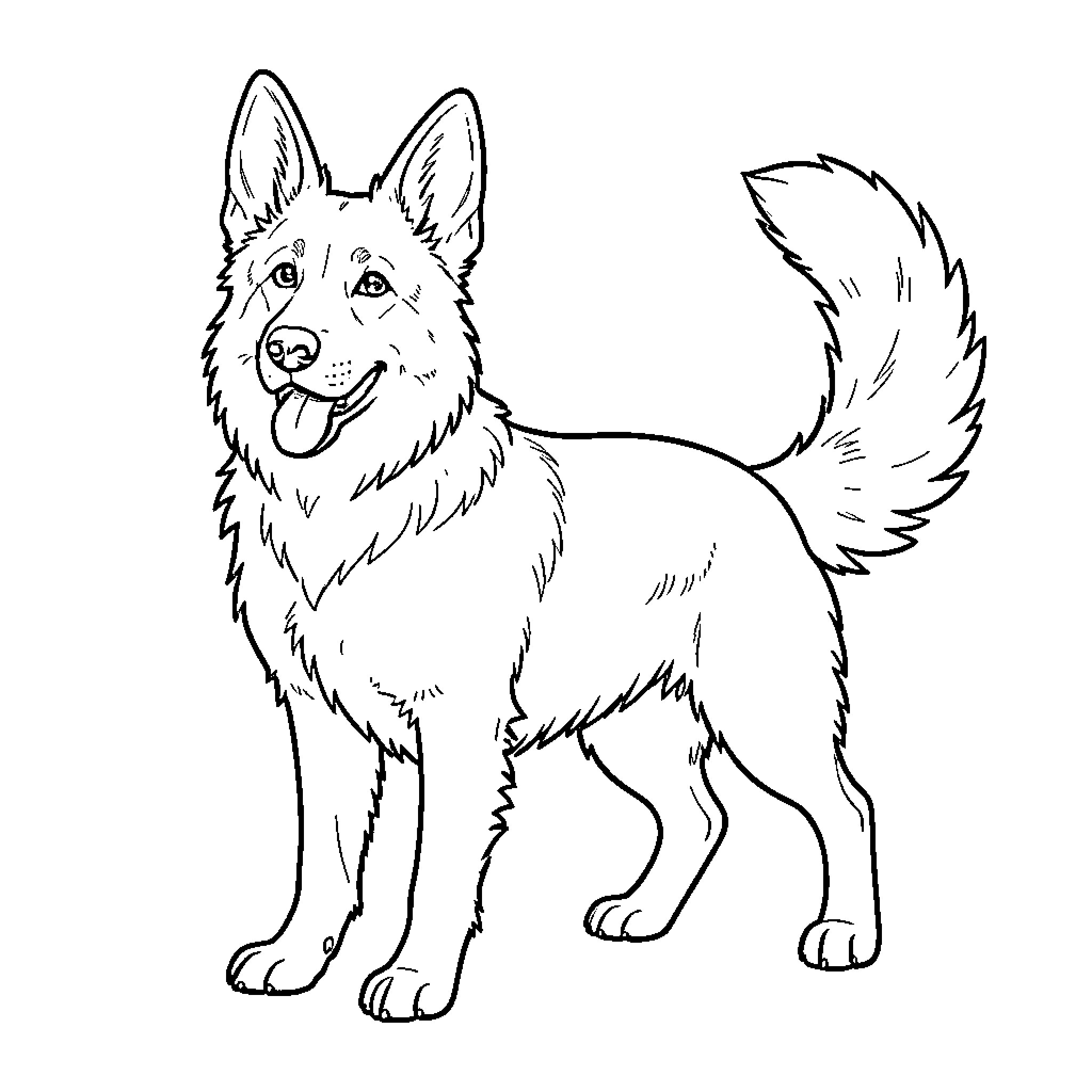 German Shepherd dog in outline drawing Coloring Page (free black-and-white line drawing printable PDF for all, from beginners to advanced learners, including children, teens, adults, and seniors)