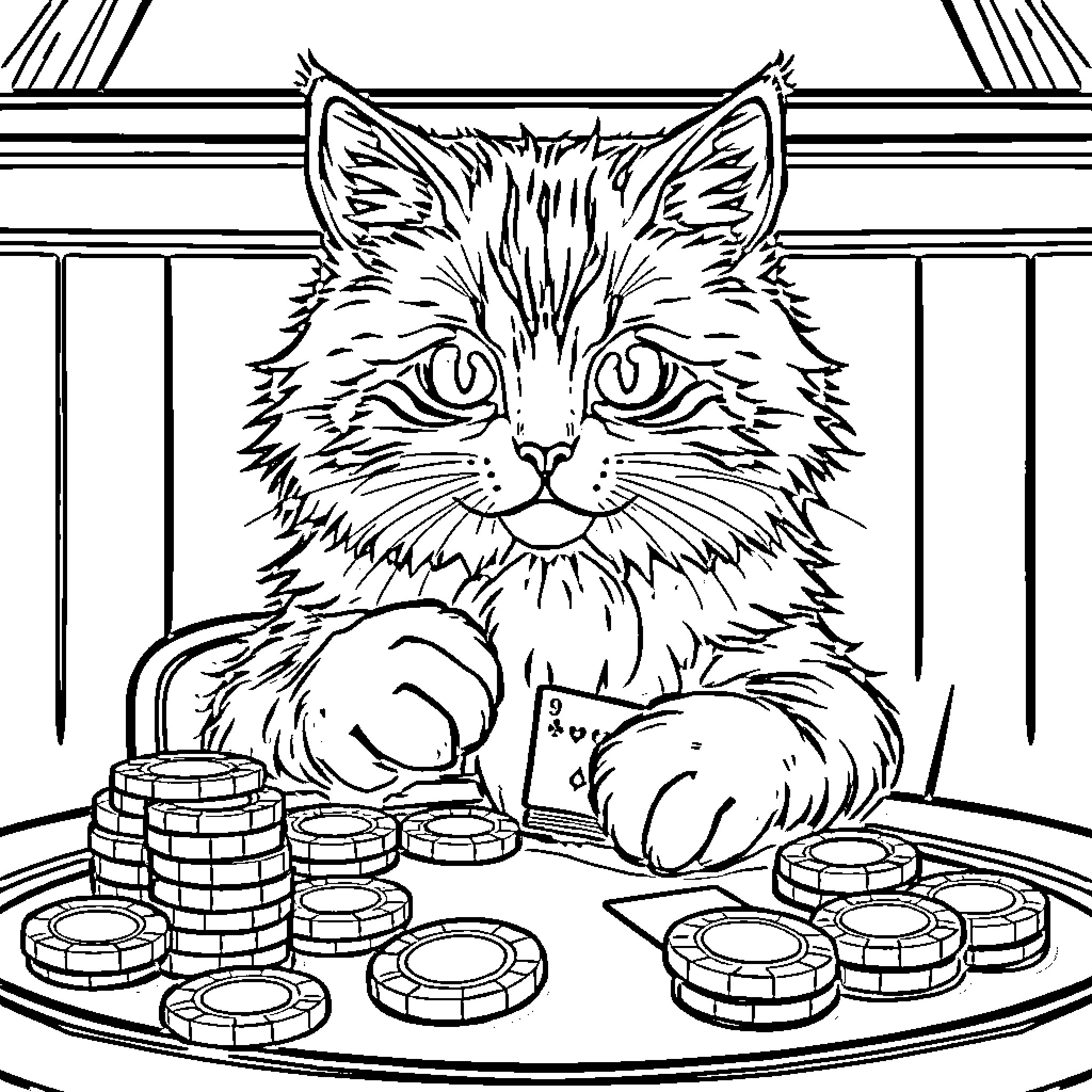 Cat counting money on table Coloring Page (free black-and-white line drawing printable PDF for all, from beginners to advanced learners, including children, teens, adults, and seniors)