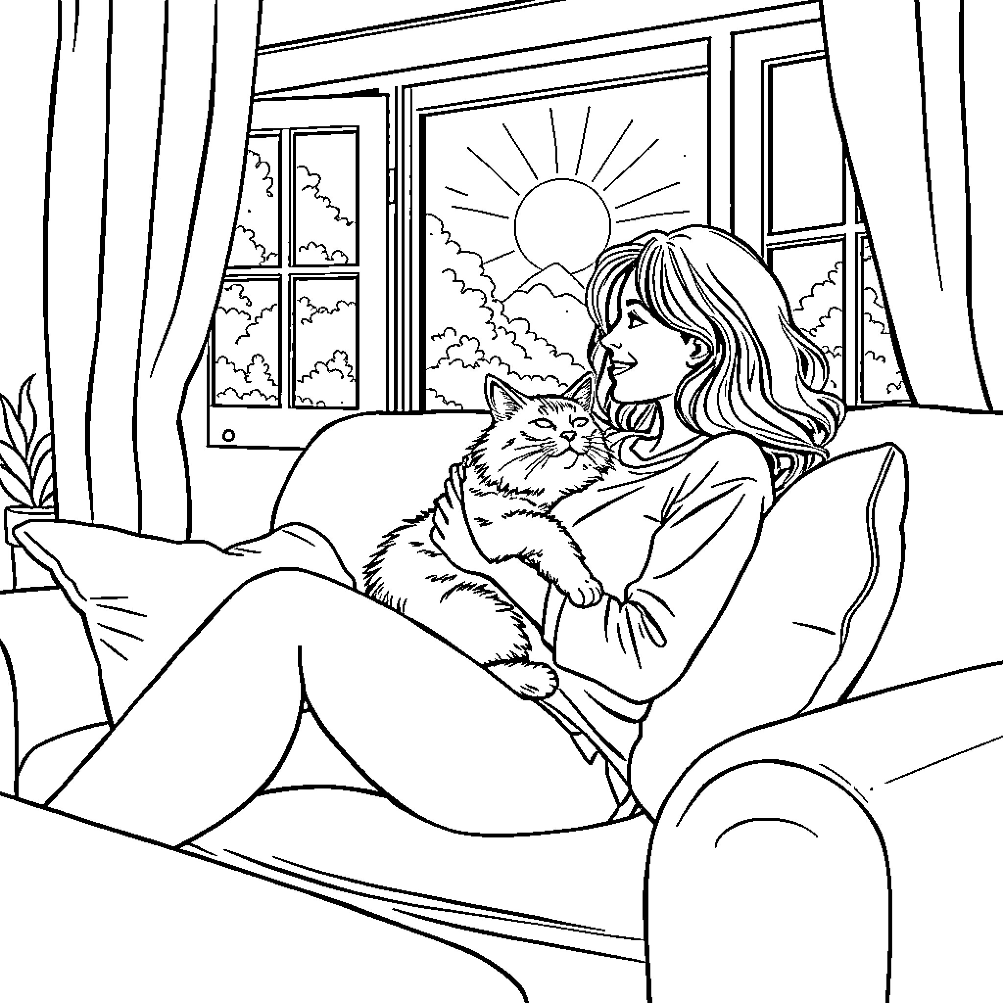 Woman petting her cat and gazing out the window Coloring Page (free black-and-white line drawing printable PDF for all, from beginners to advanced learners, including children, teens, adults, and seniors)