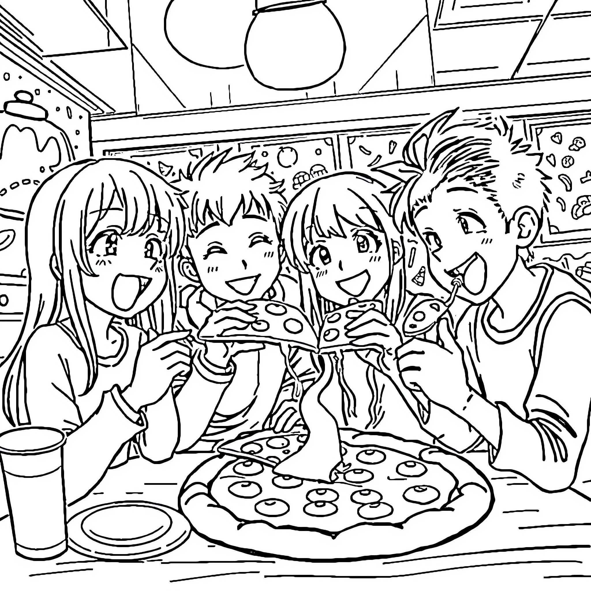 Pizza Party with Delighted Friends Coloring Page (free black-and-white line drawing printable PDF for all, from beginners to advanced learners, including children, teens, adults, and seniors)