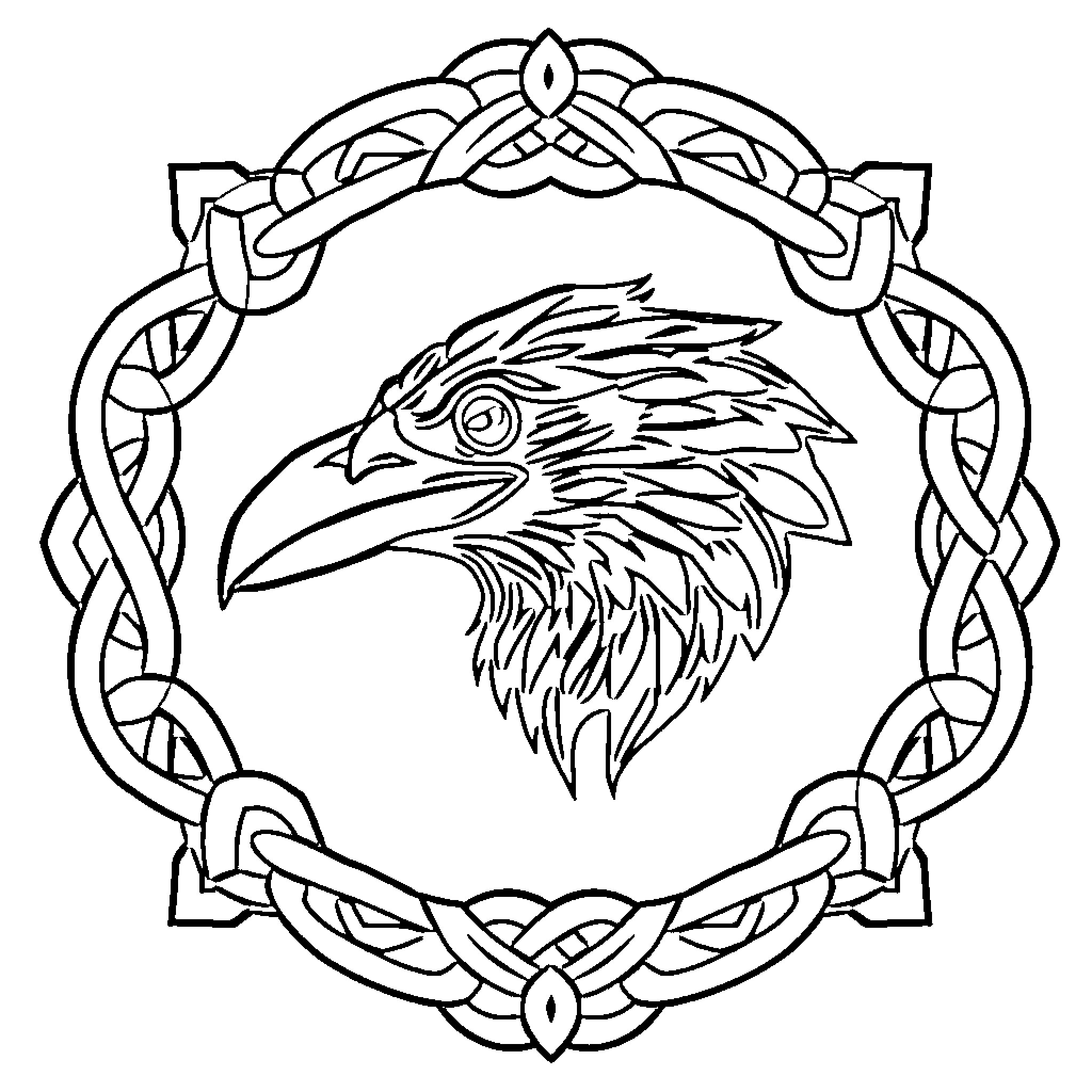 Raven in an intricate Celtic frame Coloring Page (free black-and-white line drawing printable PDF for all, from beginners to advanced learners, including children, teens, adults, and seniors)