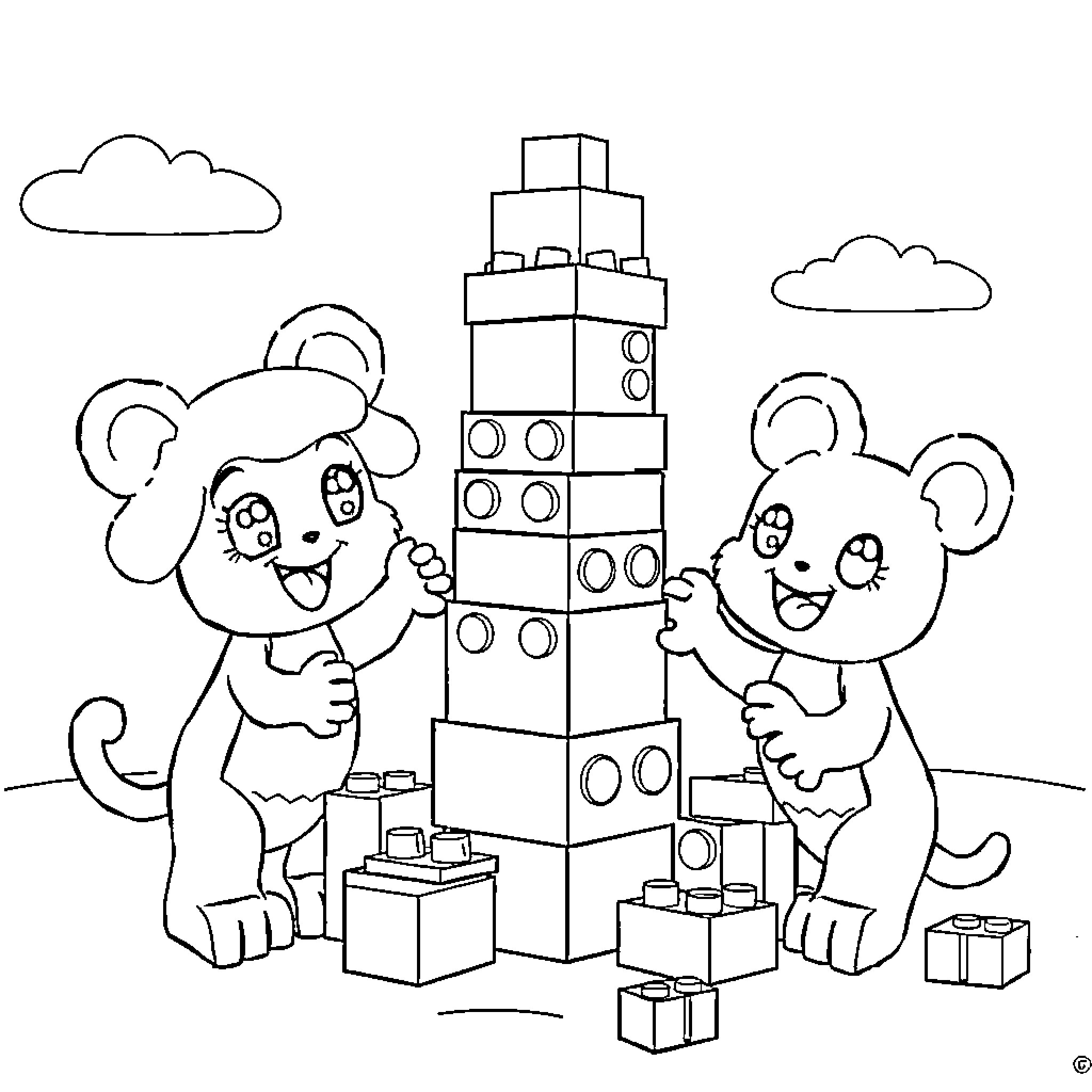 Critter mice building blocks tower Coloring Page (free black-and-white line drawing printable PDF for all, from beginners to advanced learners, including children, teens, adults, and seniors)