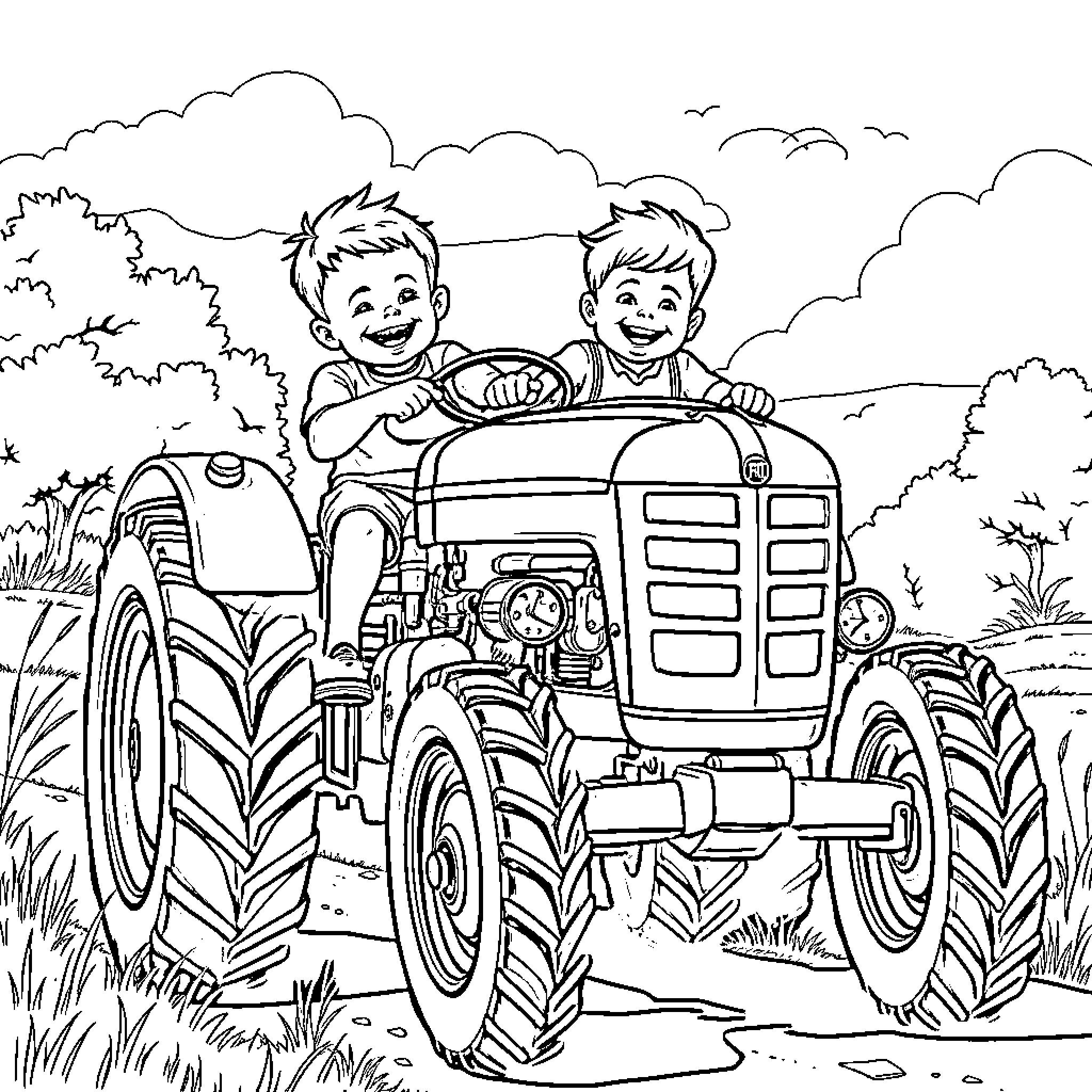 Tractor ride with joyful kids in the countryside Coloring Page (free black-and-white line drawing printable PDF for all, from beginners to advanced learners, including children, teens, adults, and seniors)