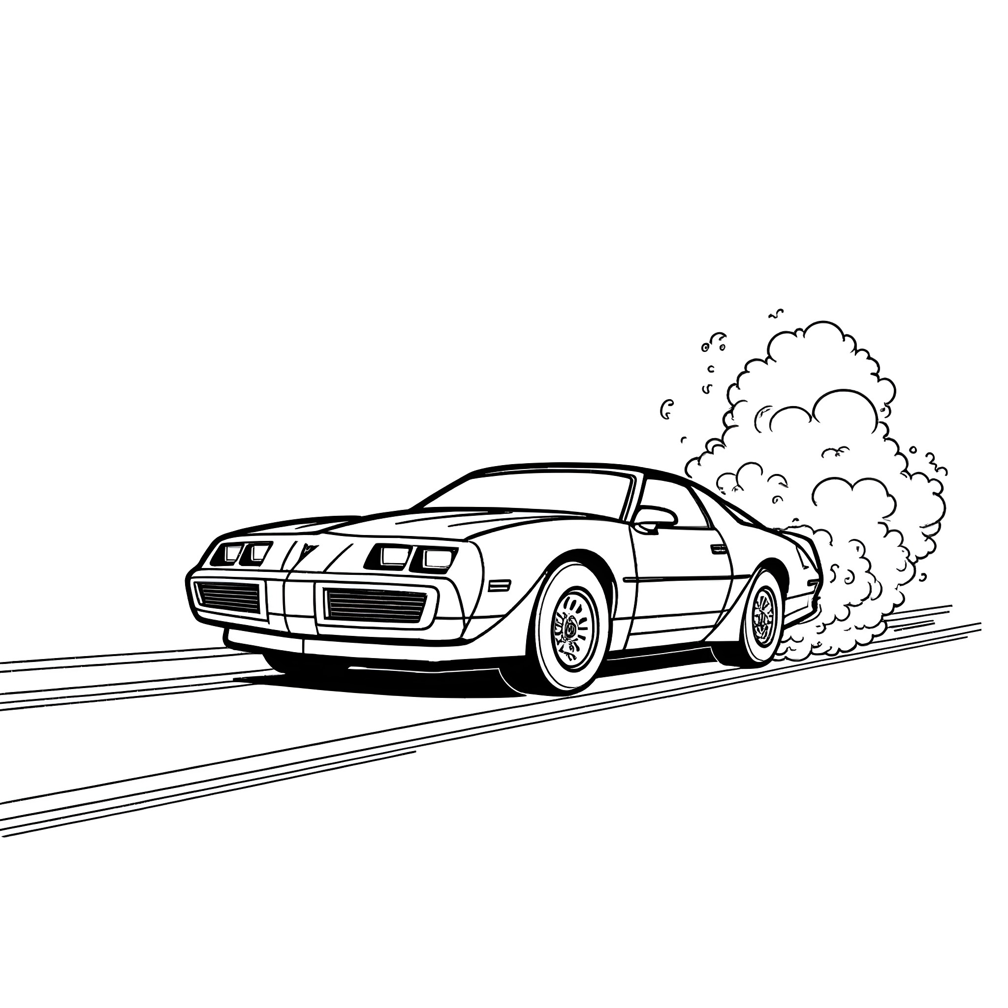 Pontiac vehicle speeding on the road Coloring Page (free black-and-white line drawing printable PDF for all, from beginners to advanced learners, including children, teens, adults, and seniors)