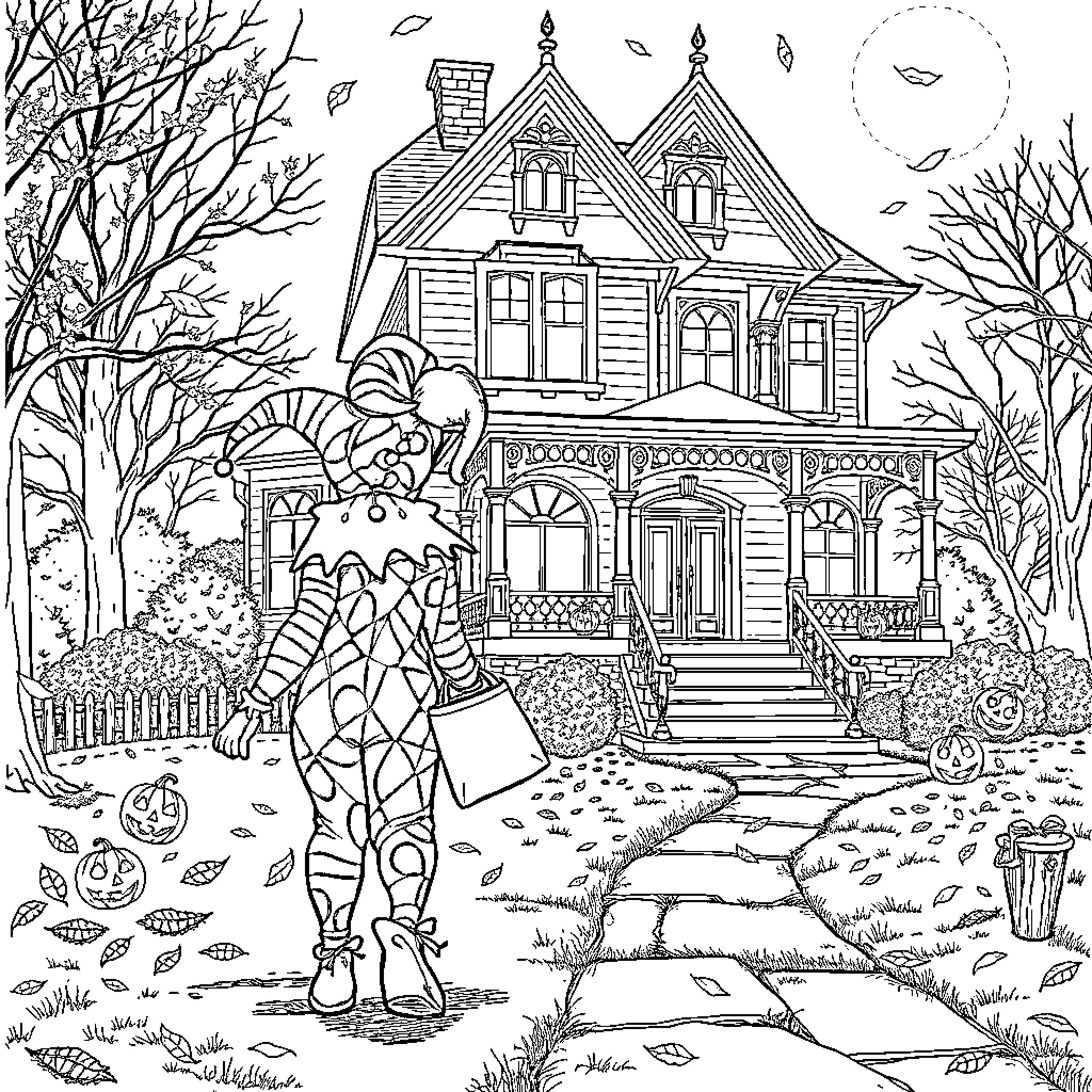 Jester explores the eerie haunted house Coloring Page (free black-and-white line drawing printable PDF for all, from beginners to advanced learners, including children, teens, adults, and seniors)