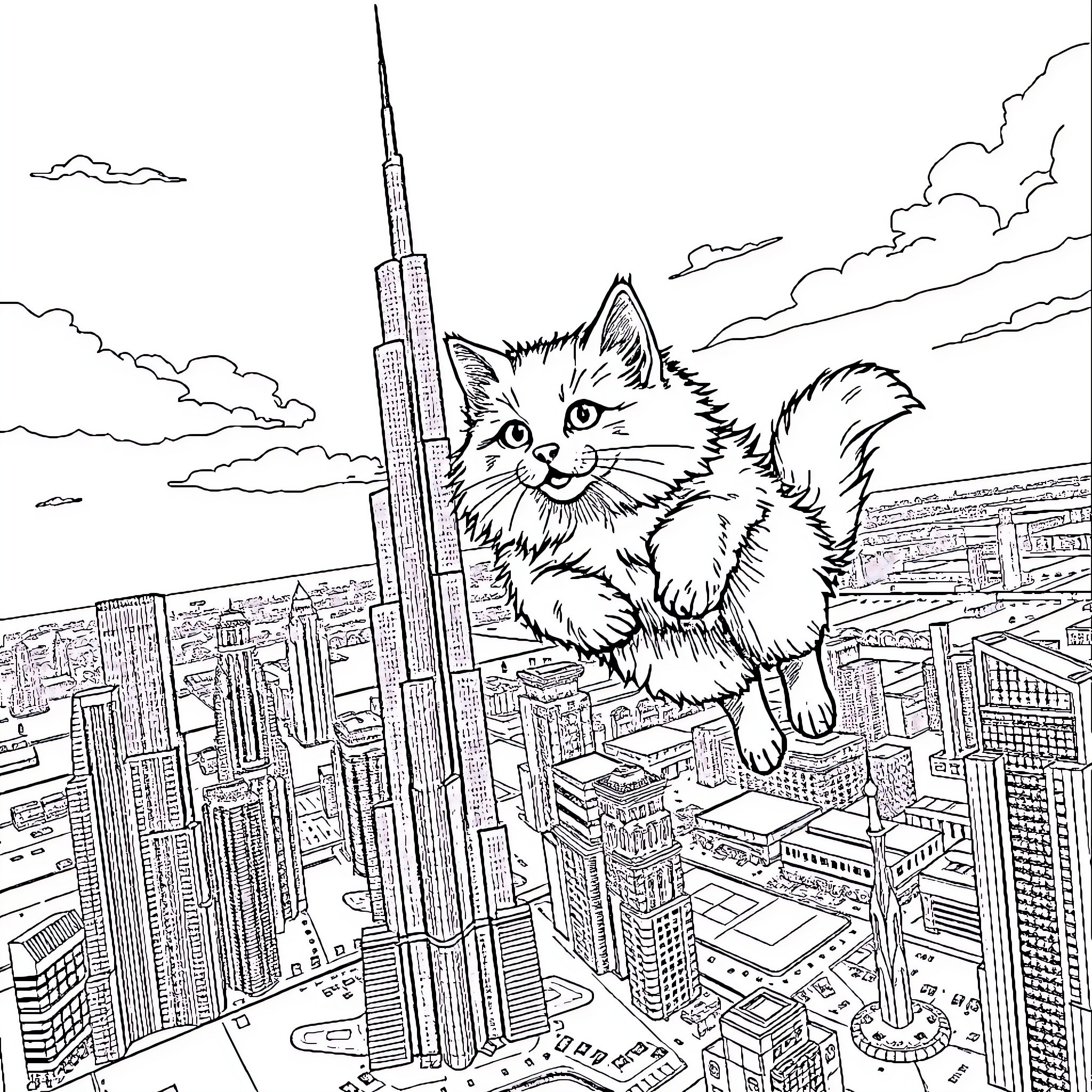 Cat Exploring the Bustling City Skyline Coloring Page (free black-and-white line drawing printable PDF for all, from beginners to advanced learners, including children, teens, adults, and seniors)