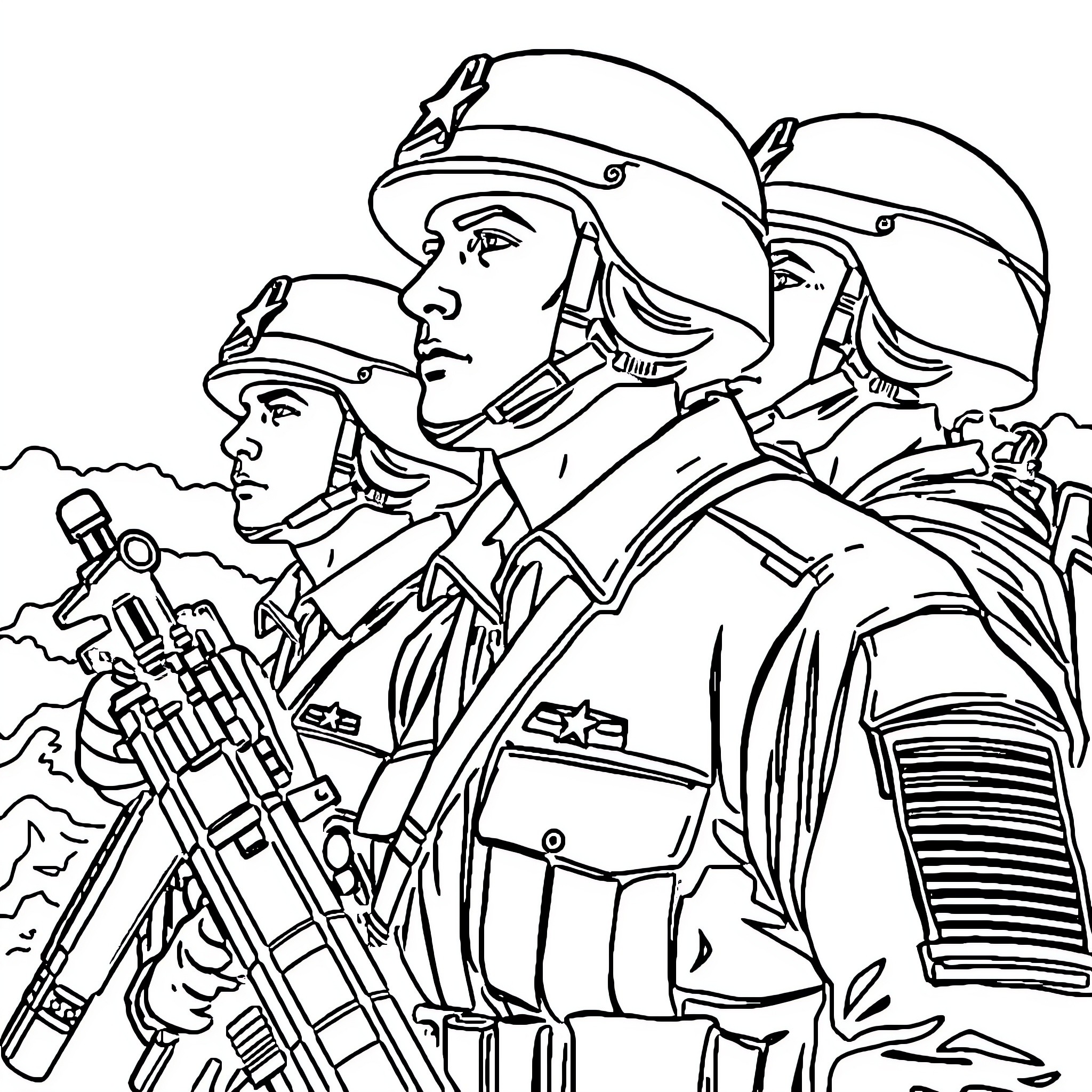 Soldier soldiers advancing with weapons and gear Coloring Page (free black-and-white line drawing printable PDF for all, from beginners to advanced learners, including children, teens, adults, and seniors)