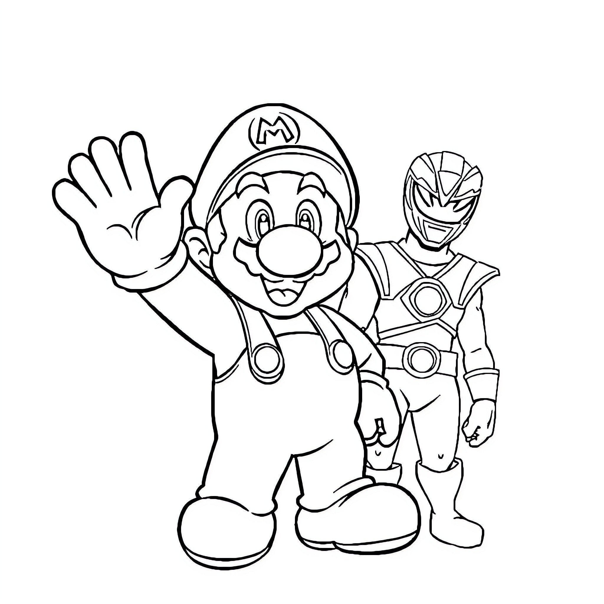 Mario and Power Ranger Striking Cheerful Poses Coloring Page (free black-and-white line drawing printable PDF for all, from beginners to advanced learners, including children, teens, adults, and seniors)
