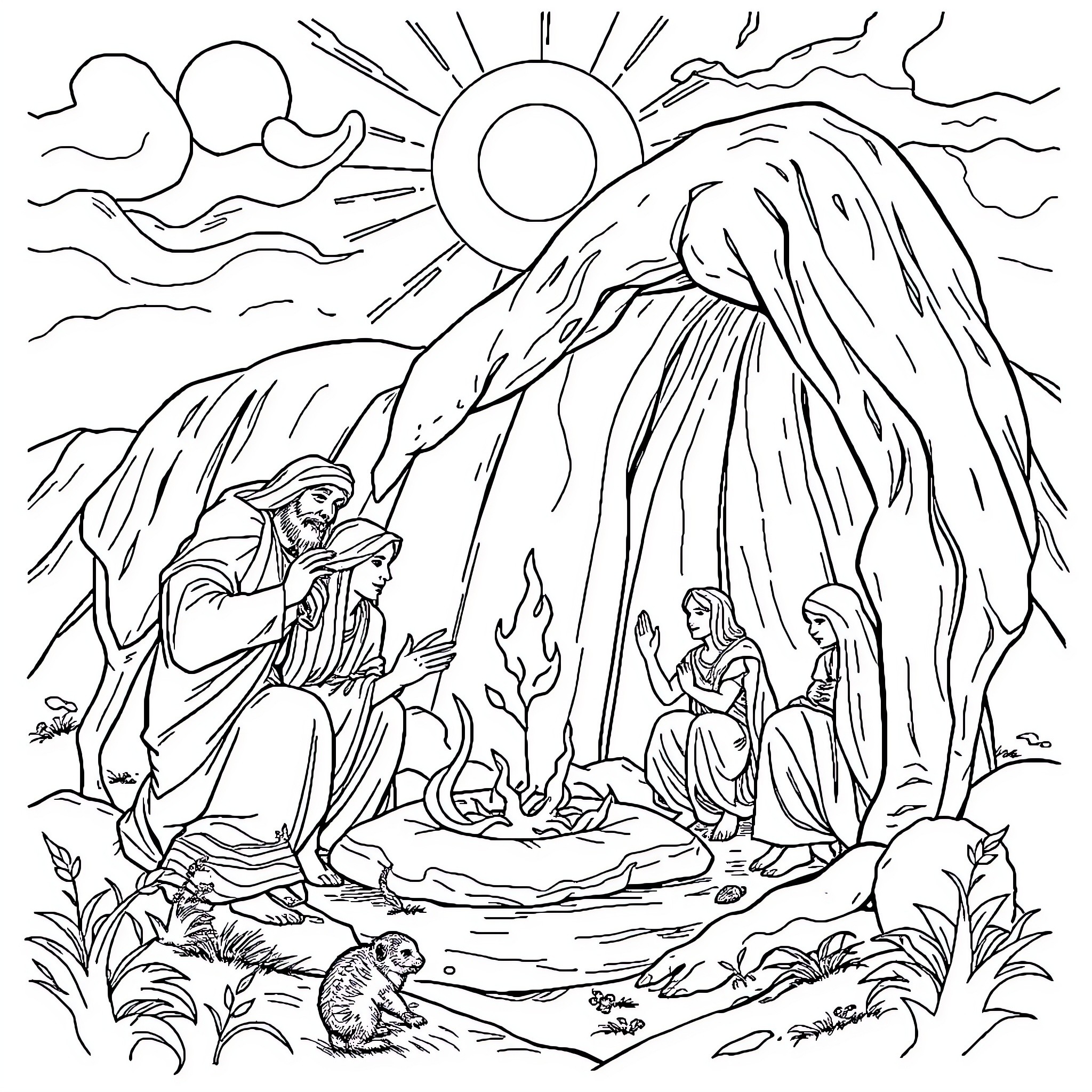 Genesis: Divine Presence in Nature Coloring Page (free black-and-white line drawing printable PDF for all, from beginners to advanced learners, including children, teens, adults, and seniors)