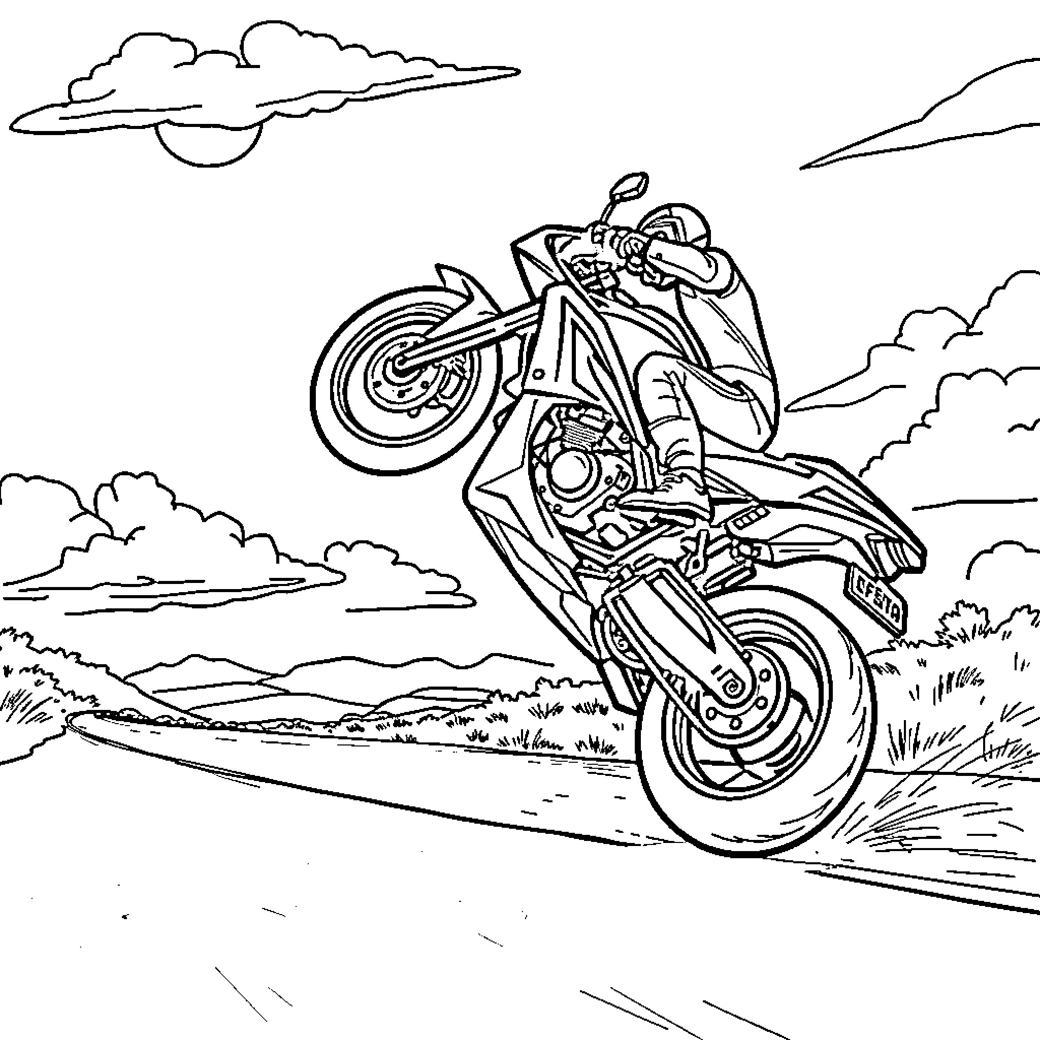 Motorbike speeding on a countryside road Coloring Page (free black-and-white line drawing printable PDF for all, from beginners to advanced learners, including children, teens, adults, and seniors)