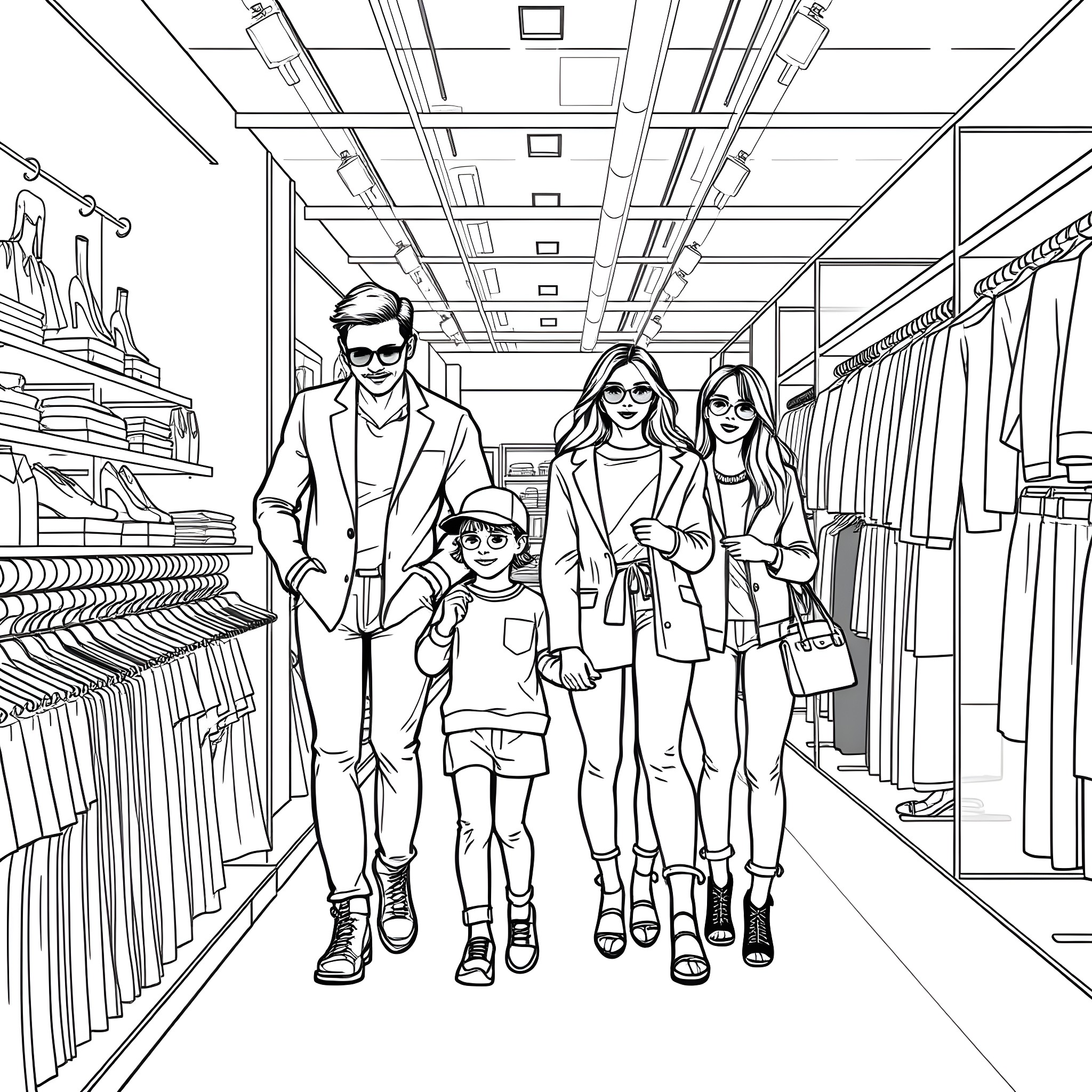 Family Shopping Trip in a Clothing Store Coloring Page (free black-and-white line drawing printable PDF for all, from beginners to advanced learners, including children, teens, adults, and seniors)