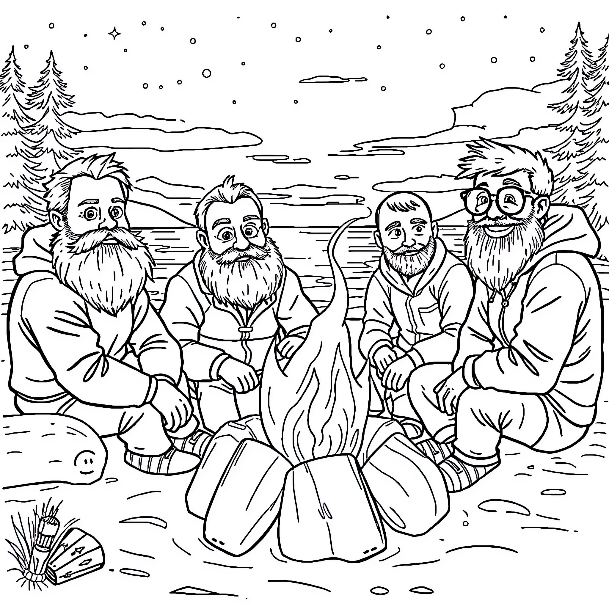 Friend's cozy winter campfire gathering Coloring Page (free black-and-white line drawing printable PDF for all, from beginners to advanced learners, including children, teens, adults, and seniors)