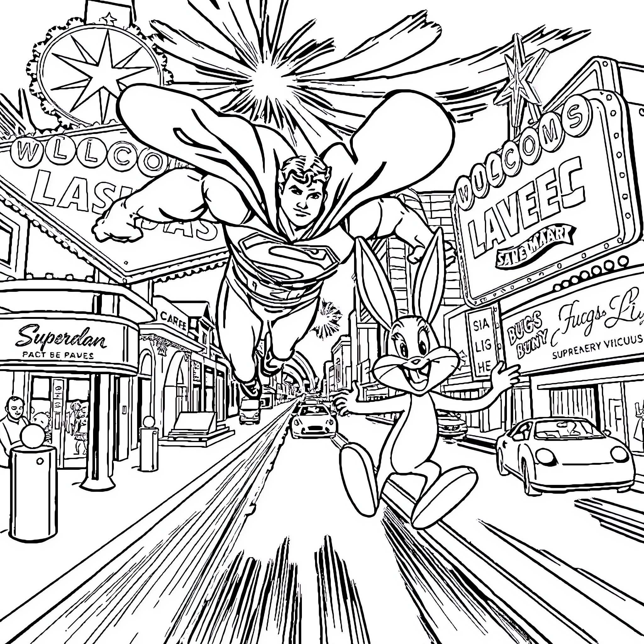 Superman saving the day in the bustling city Coloring Page (free black-and-white line drawing printable PDF for all, from beginners to advanced learners, including children, teens, adults, and seniors)