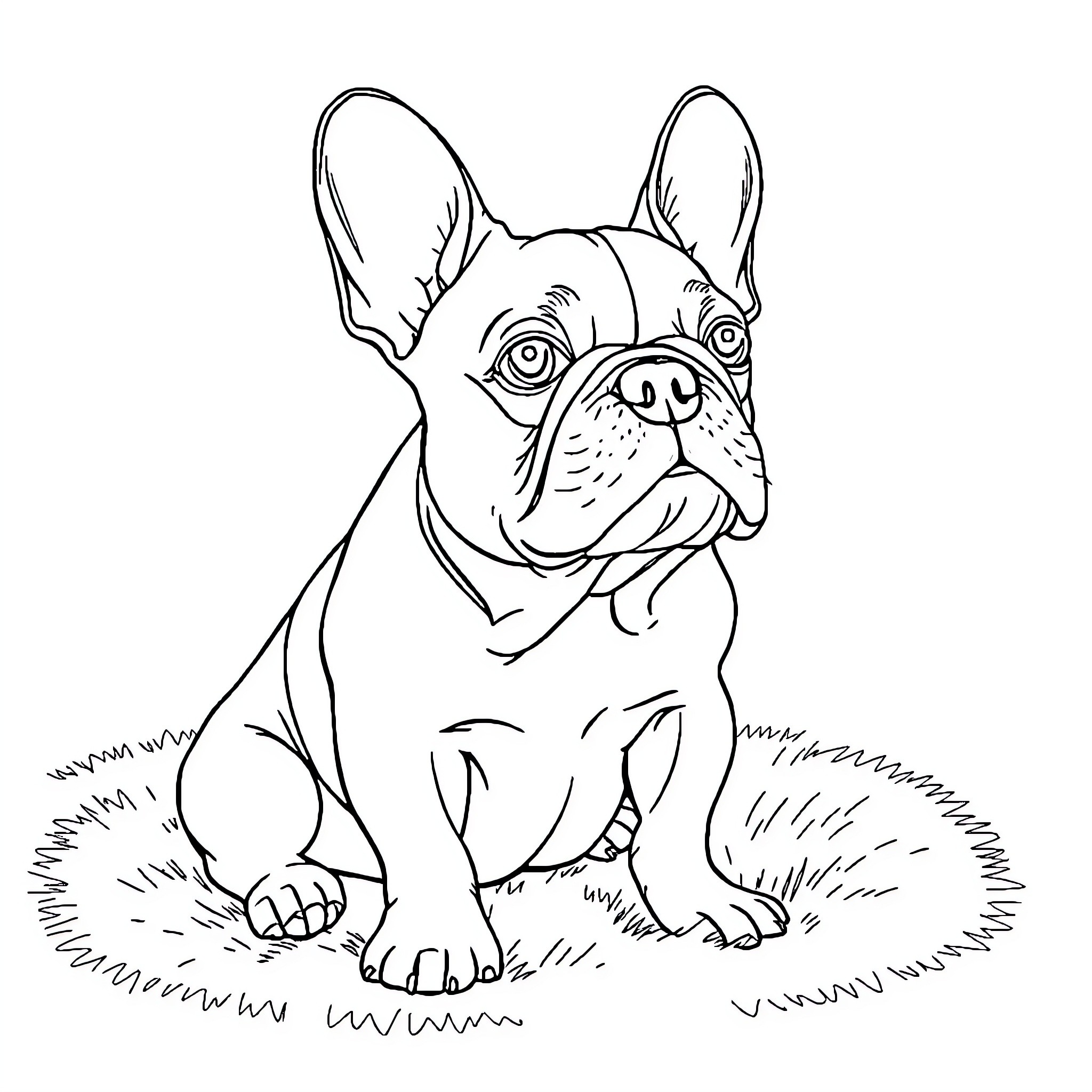 French Bulldog sitting happily on the grass Coloring Page (free black-and-white line drawing printable PDF for all, from beginners to advanced learners, including children, teens, adults, and seniors)