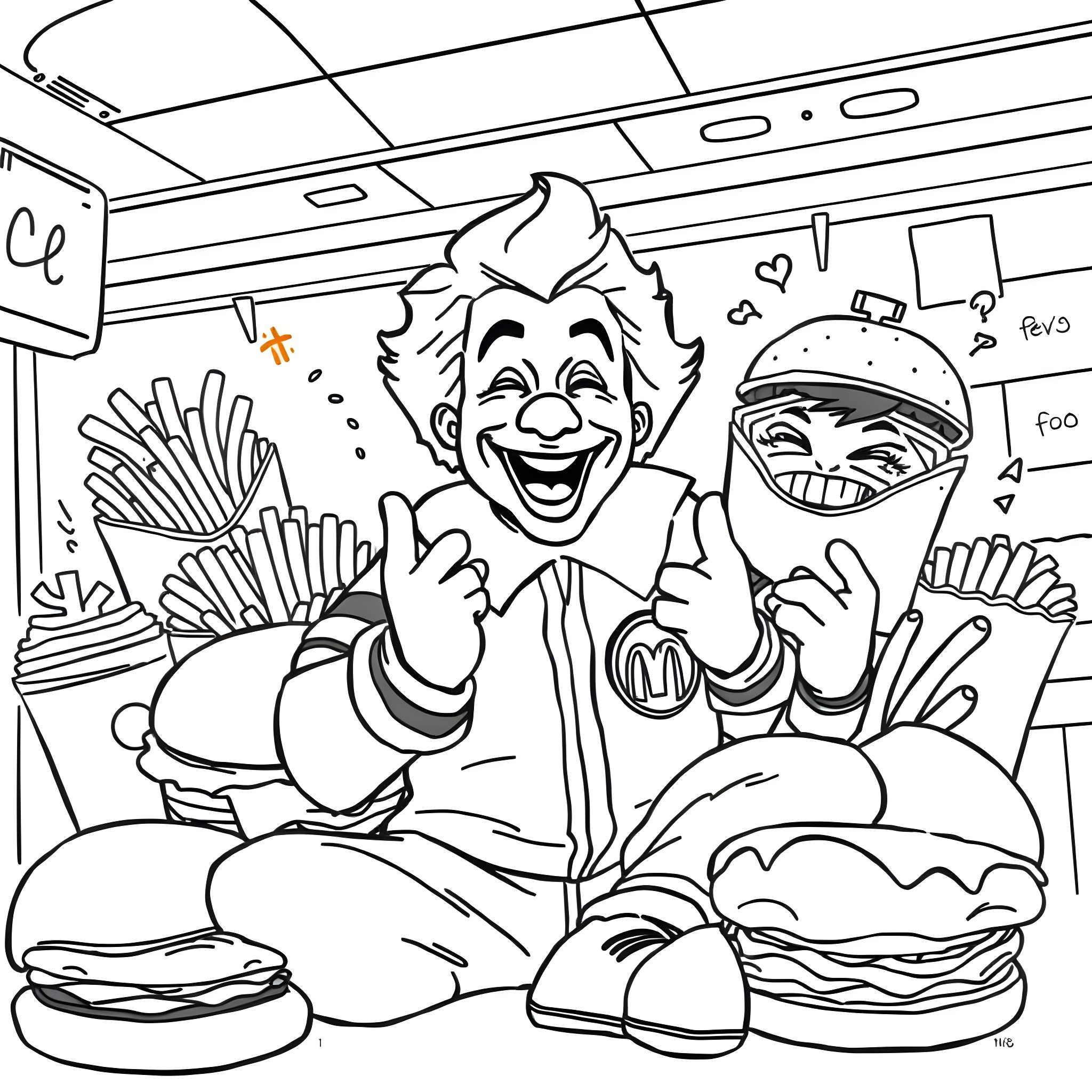 Ronald McDonald having a joyful meal with a friend Coloring Page (free black-and-white line drawing printable PDF for all, from beginners to advanced learners, including children, teens, adults, and seniors)