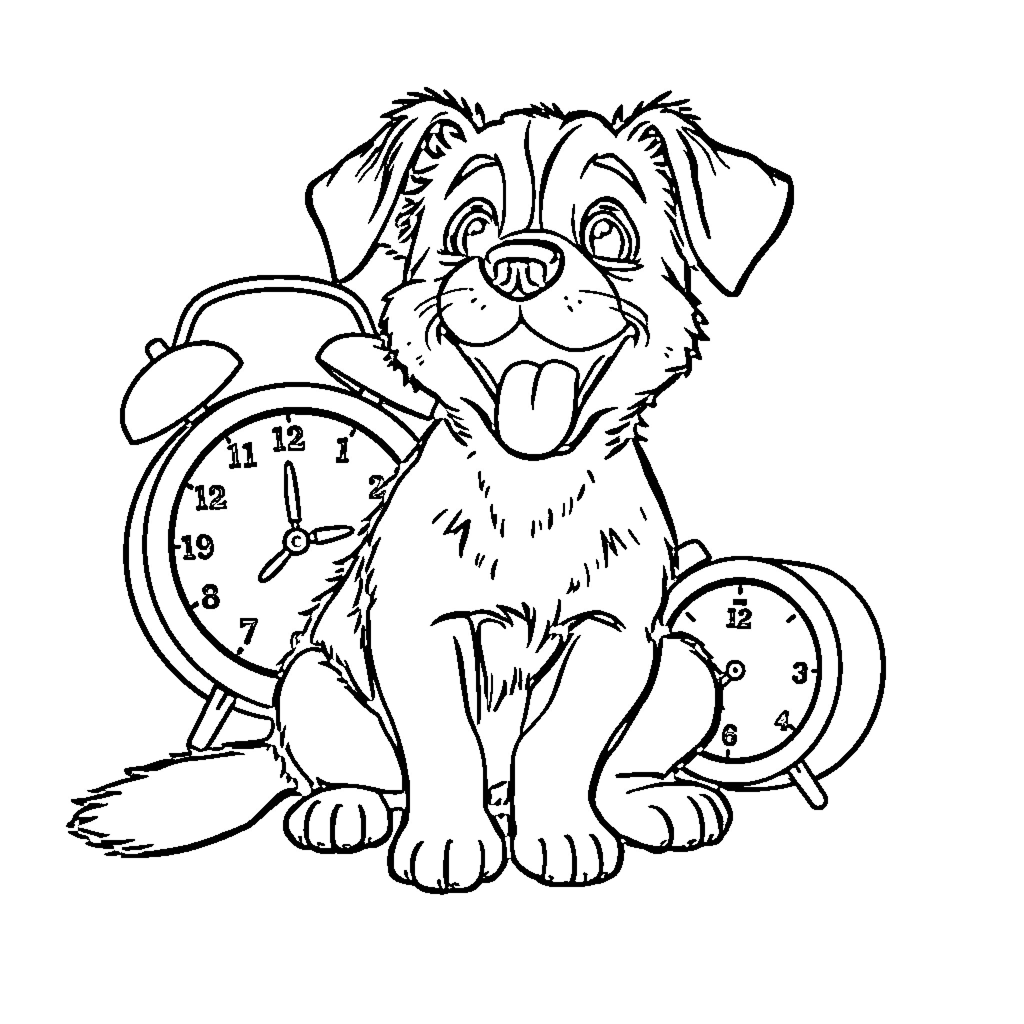 Dog with alarm clocks Coloring Page (free black-and-white line drawing printable PDF for all, from beginners to advanced learners, including children, teens, adults, and seniors)