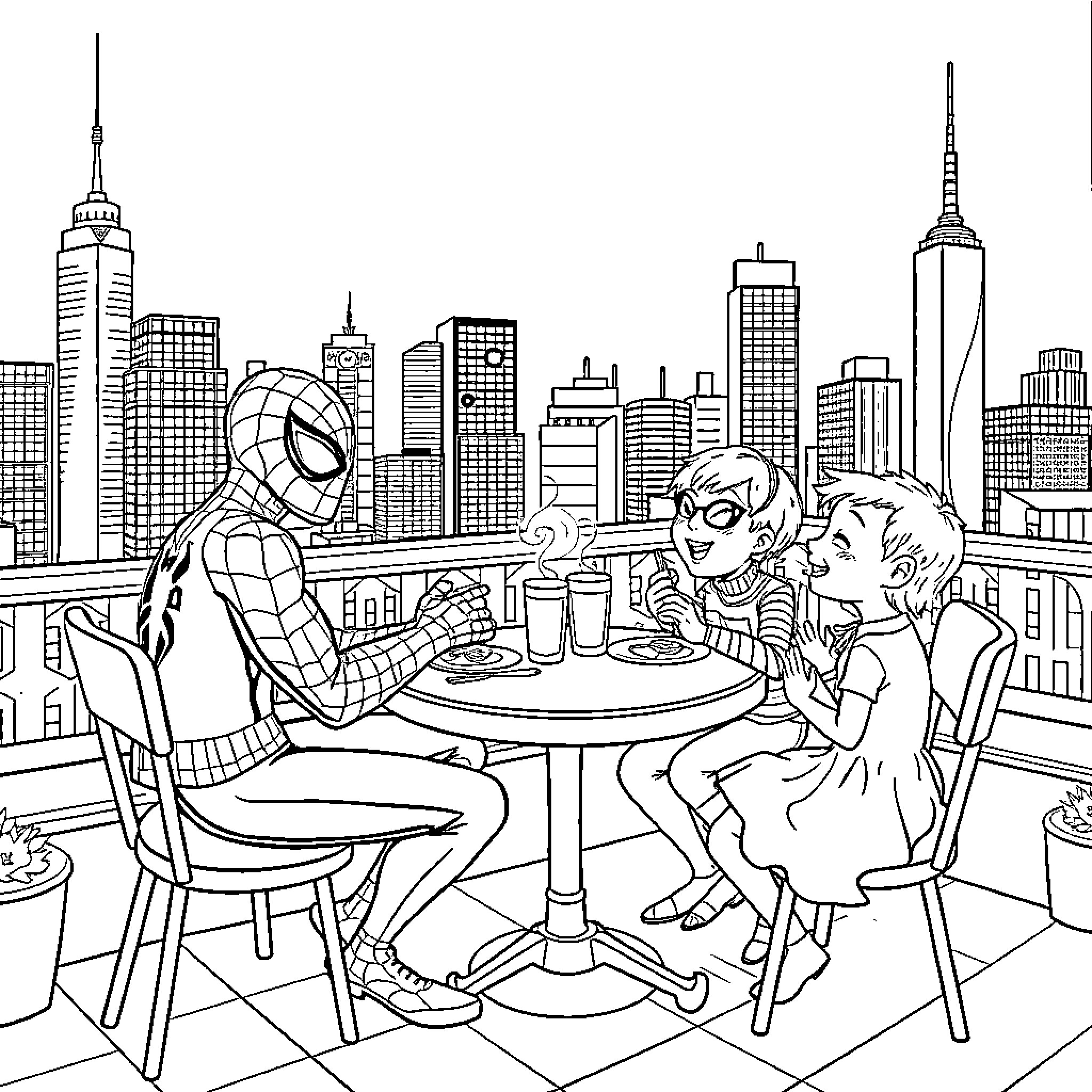 Spiderman enjoying a meal with friendly creatures in the city Coloring Page (free black-and-white line drawing printable PDF for all, from beginners to advanced learners, including children, teens, adults, and seniors)