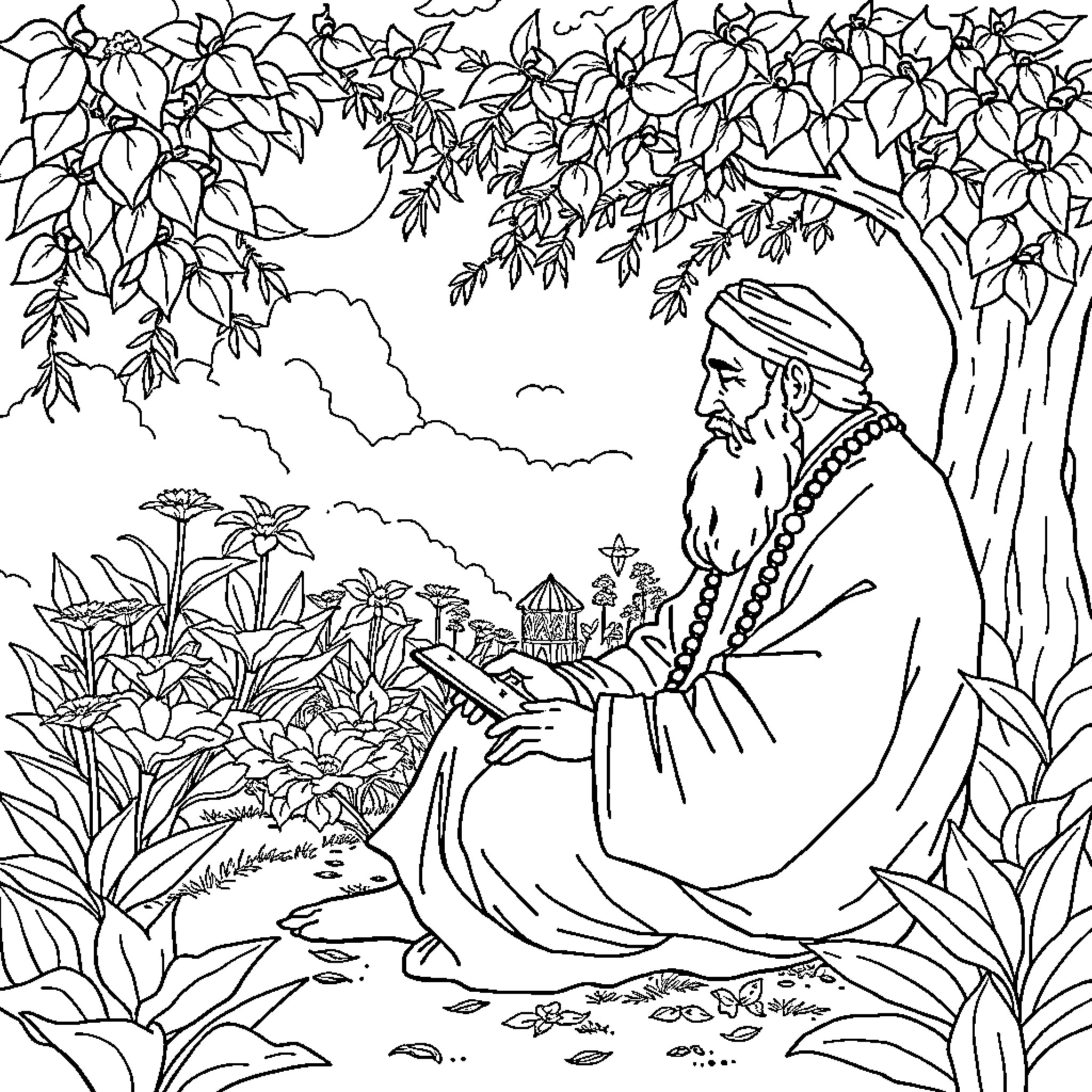 Rumi in Contemplation Amidst Nature's Embrace Coloring Page (free black-and-white line drawing printable PDF for all, from beginners to advanced learners, including children, teens, adults, and seniors)