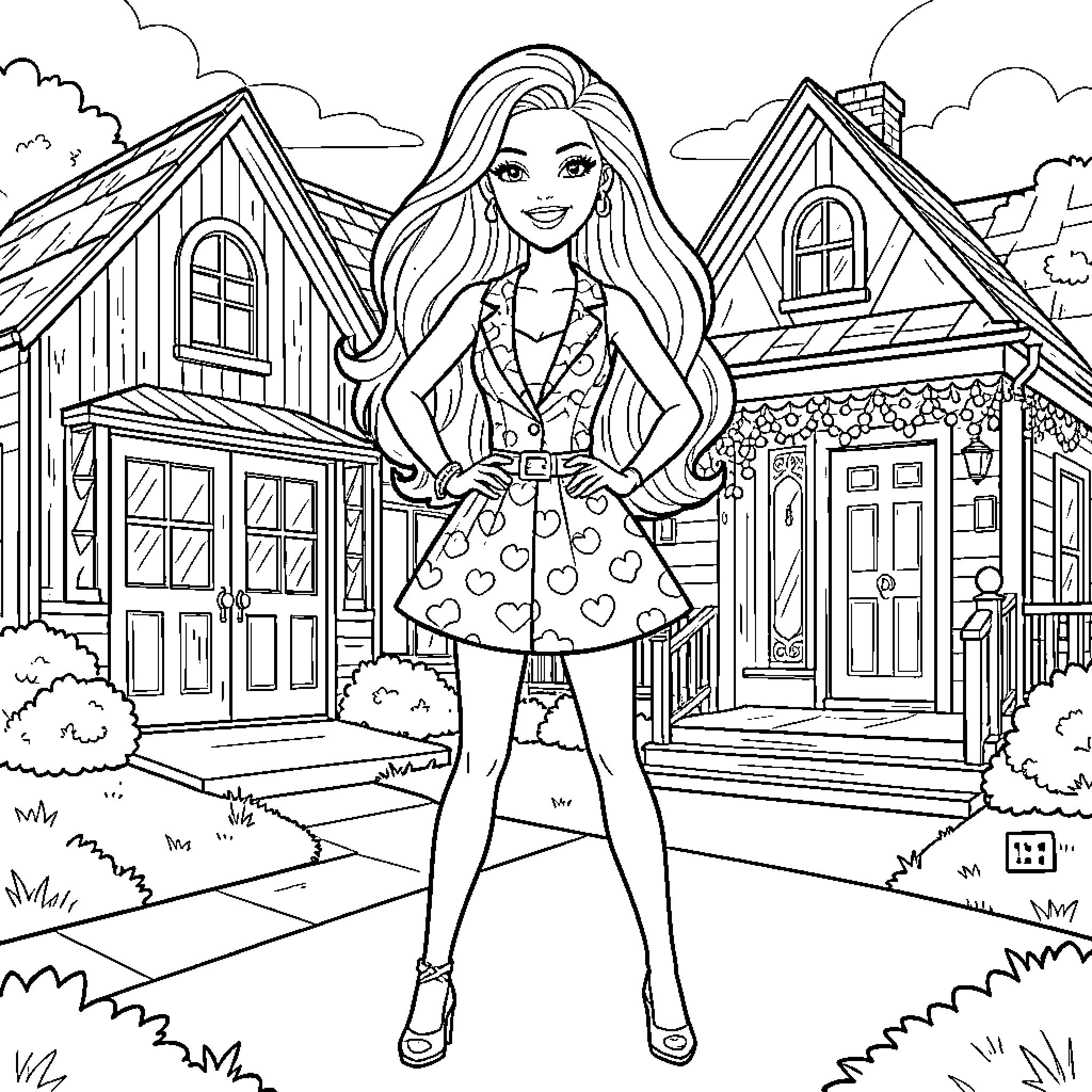 Barbie posing confidently in front of a house Coloring Page (free black-and-white line drawing printable PDF for all, from beginners to advanced learners, including children, teens, adults, and seniors)